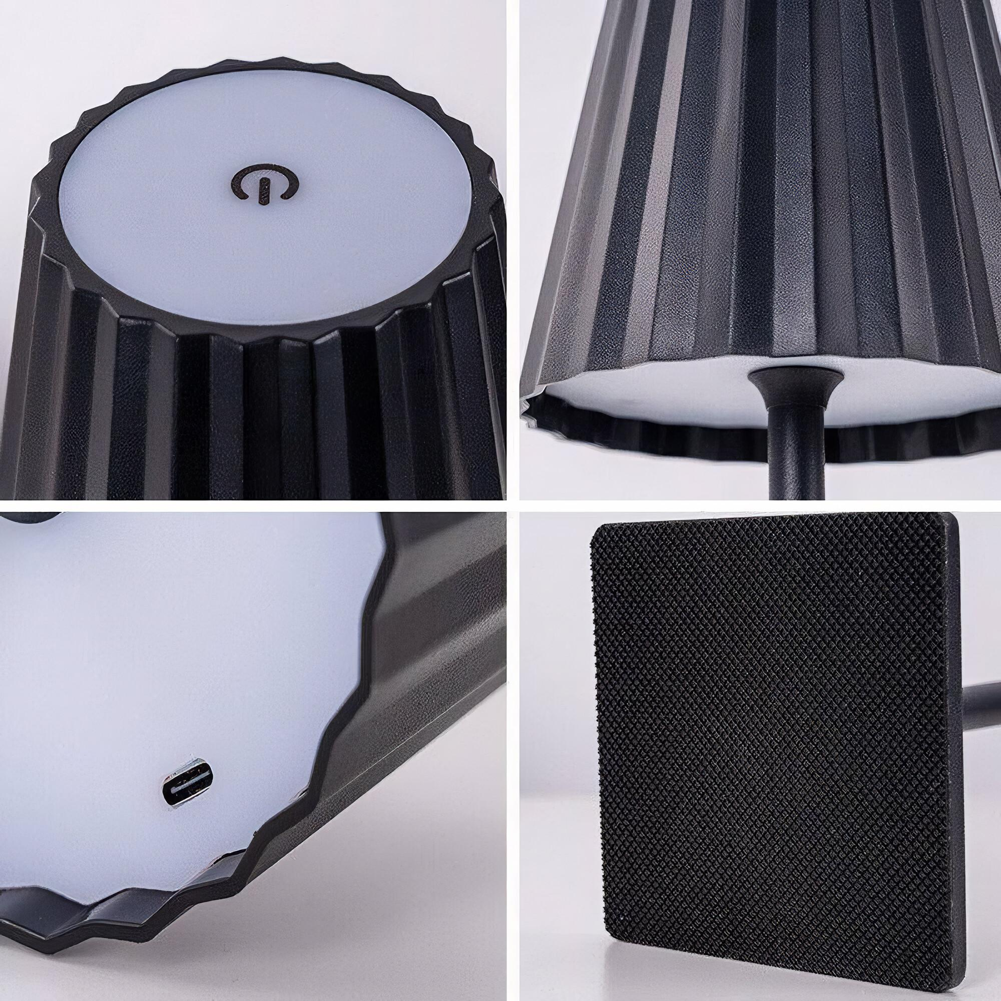 Nahaufnahmen einer schwarzen Tischlampe, die Details von Oberseite, Sockel und Ladeanschluss zeigen.
