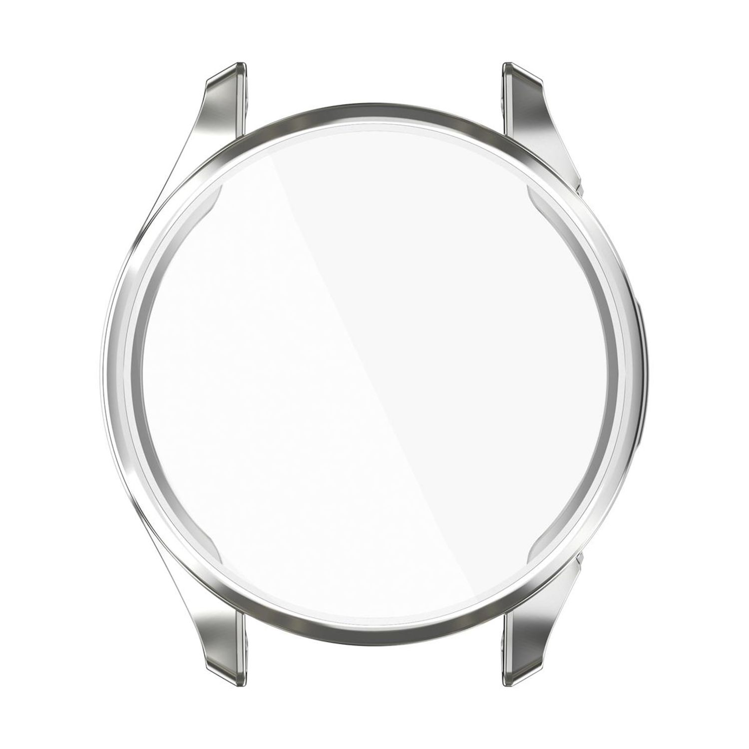 Ein Uhrengehäuse mit klarem Glas und silberfarbenem Metallrahmen.