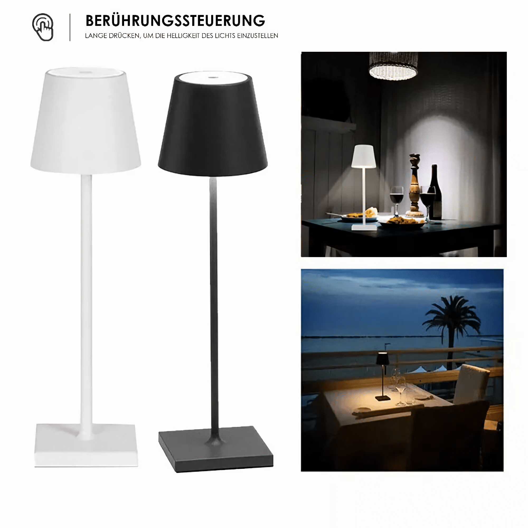 Eine Sammlung von Lampen. Eine weiße und eine schwarze. Zwei Nutzungsszenen, drinnen und draußen.