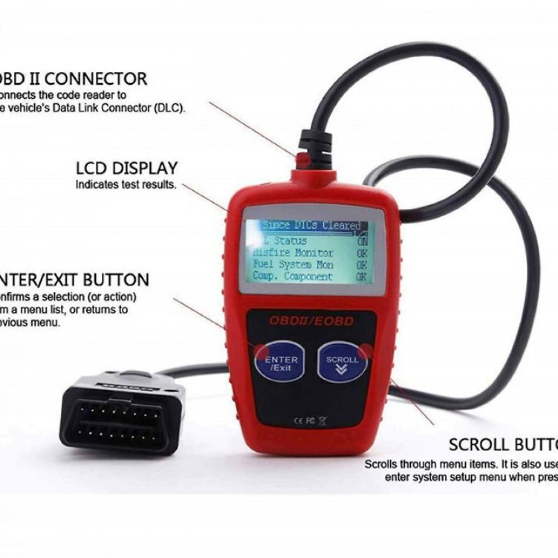 Rotes Diagnosewerkzeug mit Bildschirm und Knöpfen. Merkmale: OBD II-Anschluss, LCD-Anzeige, Eingabe/Beenden-Taste und Scroll-Taste.