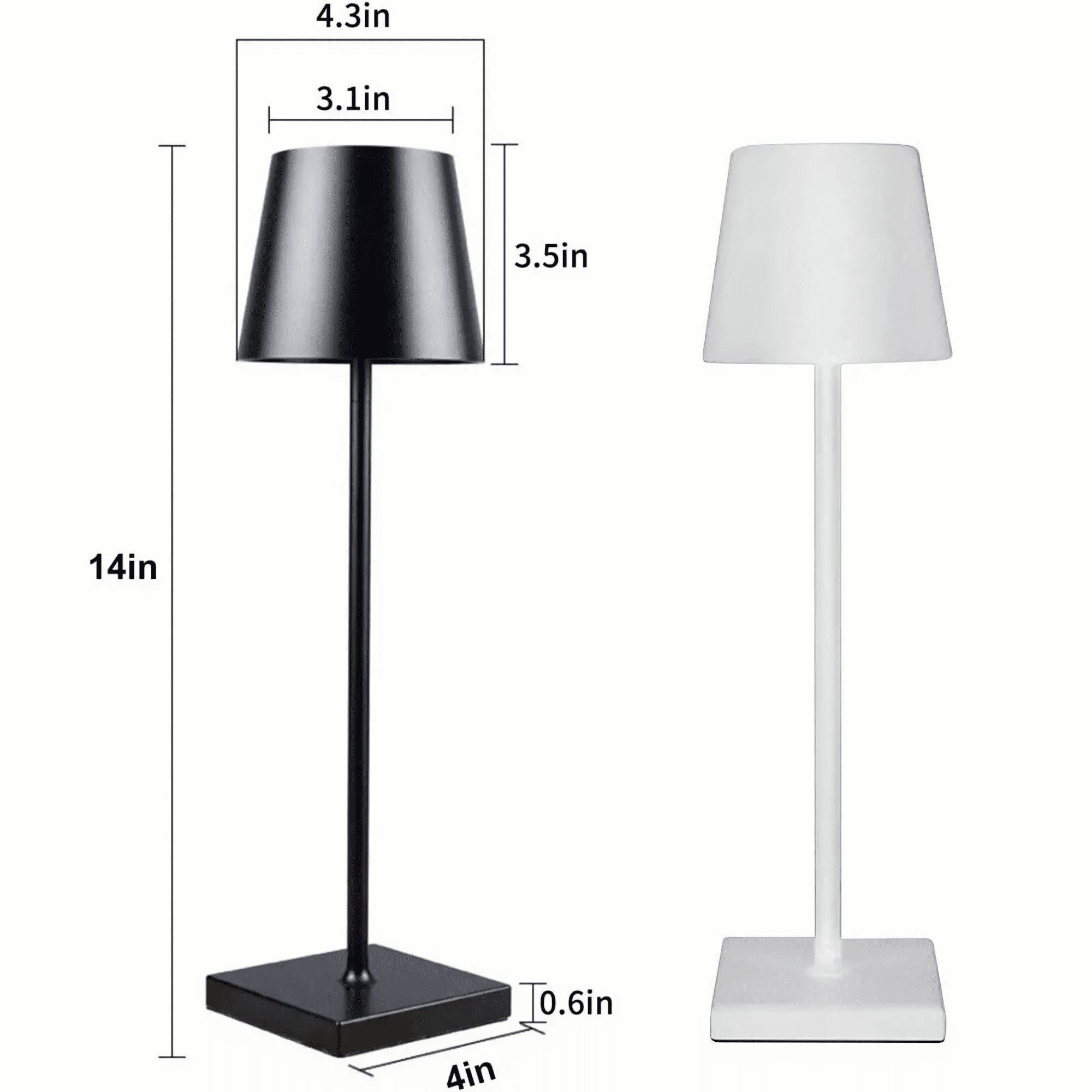 Zwei Lampen, eine schwarze und eine weiße, mit Maßen. Sie haben ähnliche Designs, aber unterschiedliche Farben.