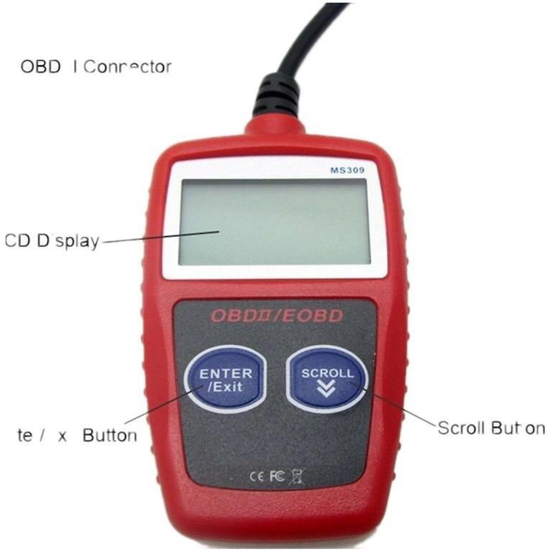 Ein rotes Diagnosewerkzeug mit Bildschirm und Knöpfen. Es hat einen OBD II-Anschluss und ein schwarzes Kabel.