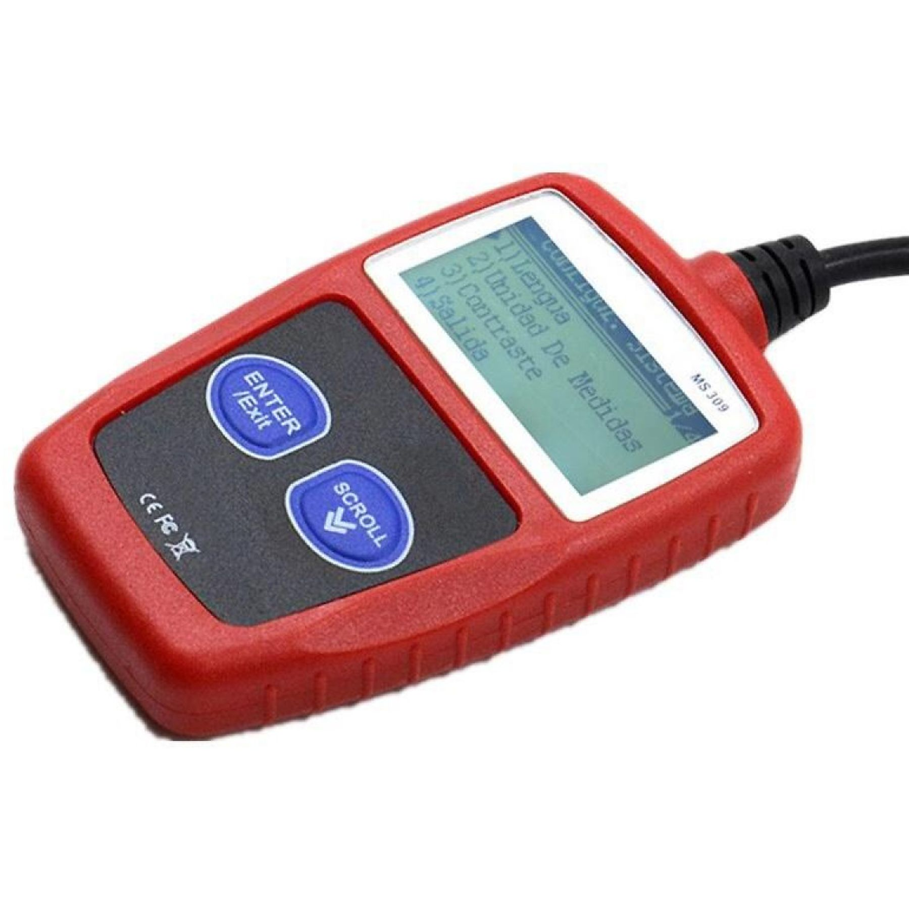Ein rotes Diagnosewerkzeug mit Bildschirm und Knöpfen. Es wird für die Fahrzeugdiagnose verwendet und hat ein schwarzes Kabel.