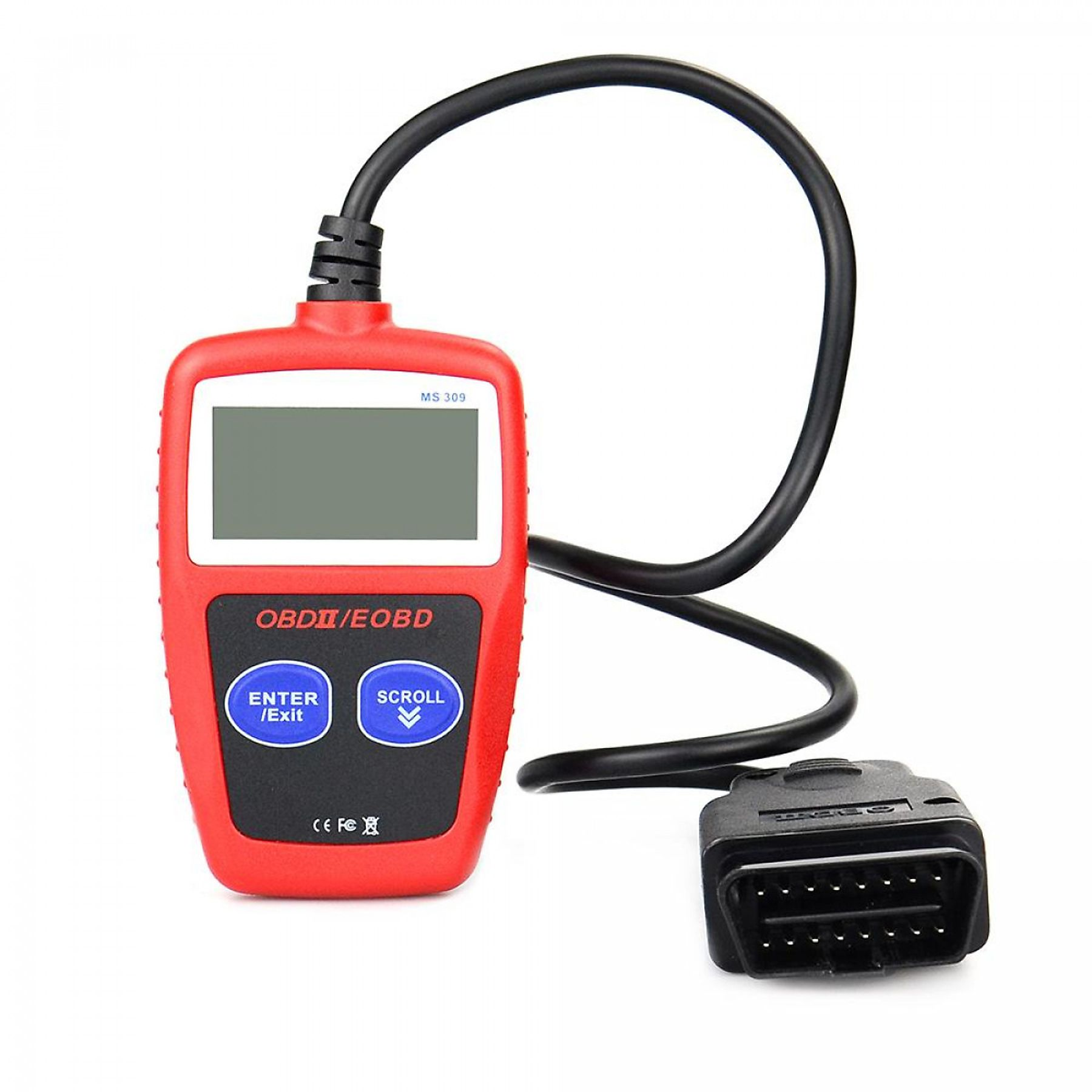 Ein rotes Diagnosewerkzeug mit Bildschirm, Knöpfen und einem schwarzen Kabel, das mit einem schwarzen Stecker verbunden ist.