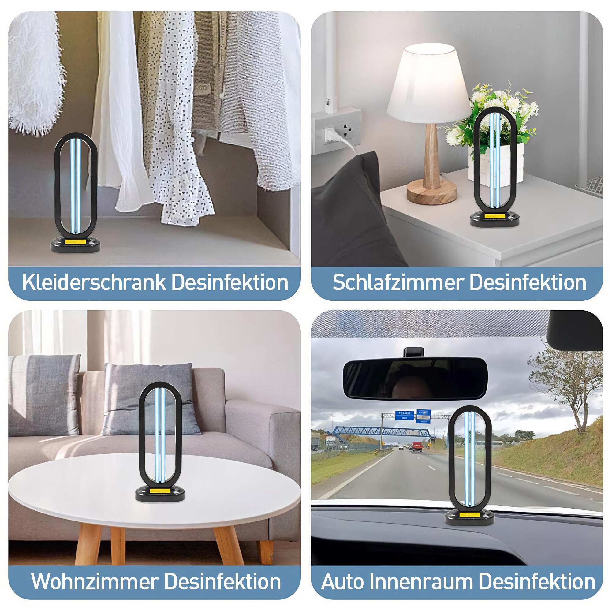Ein UV-Desinfektionsmittel in verschiedenen Umgebungen: Schrank, Schlafzimmer, Wohnzimmer und Auto.