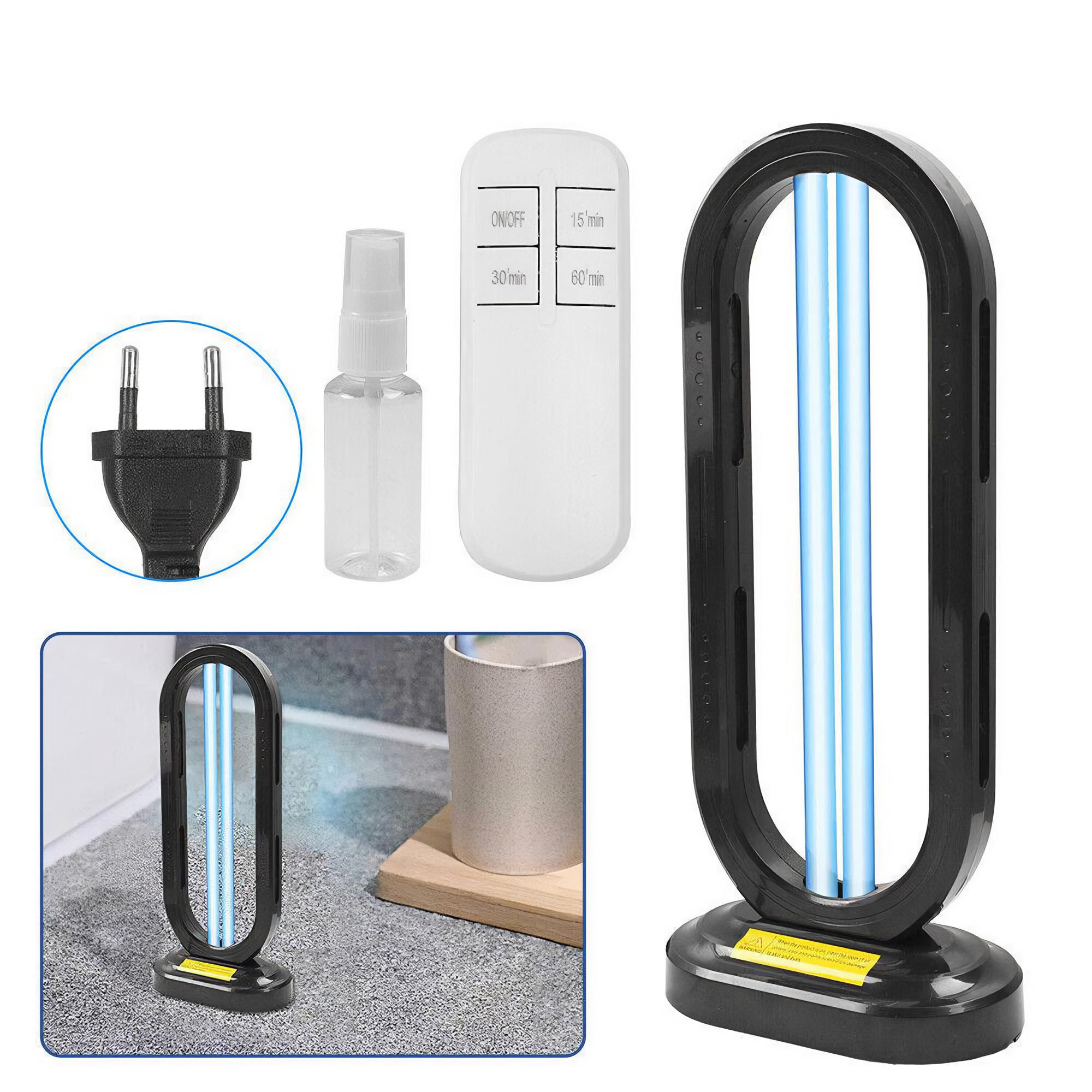 Ein UV-Desinfektionsmittel mit Bedienelementen, einer Sprühflasche und einem Stecker. Auf einer Theke gezeigt.