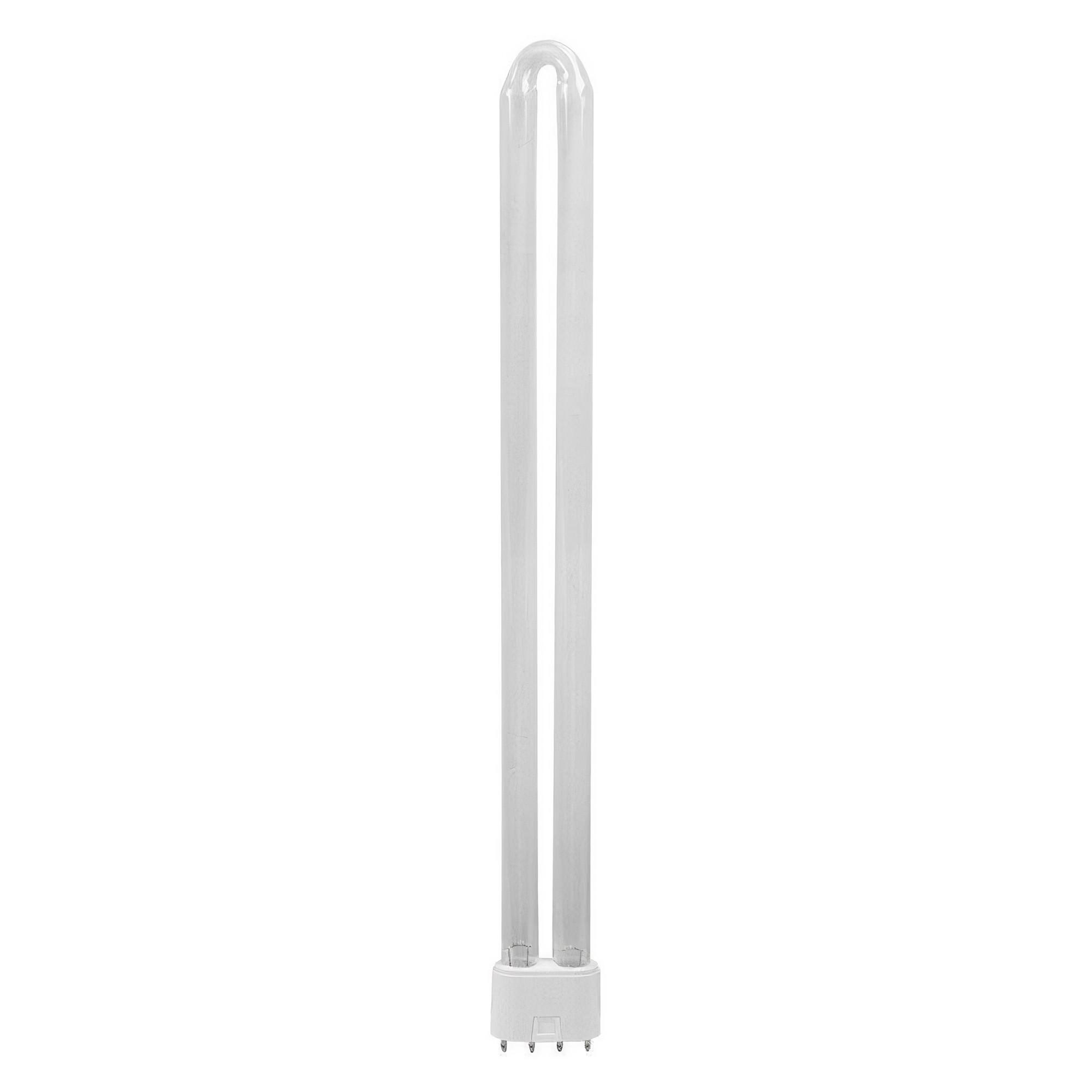 Eine lange, U-förmige Leuchtstofflampe mit weißem Sockel, isoliert auf Weiß.