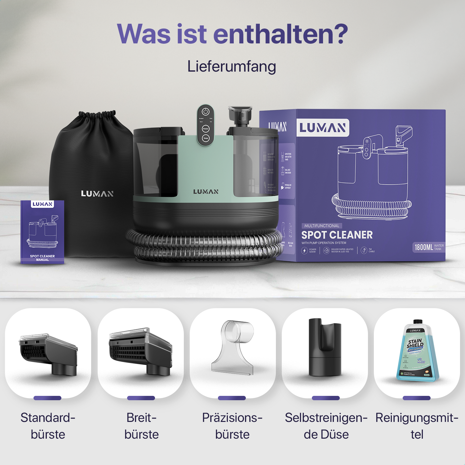 Spot-Reiniger-Kit mit verschiedenen Aufsätzen, einschließlich Bürsten und Reinigungslösung.