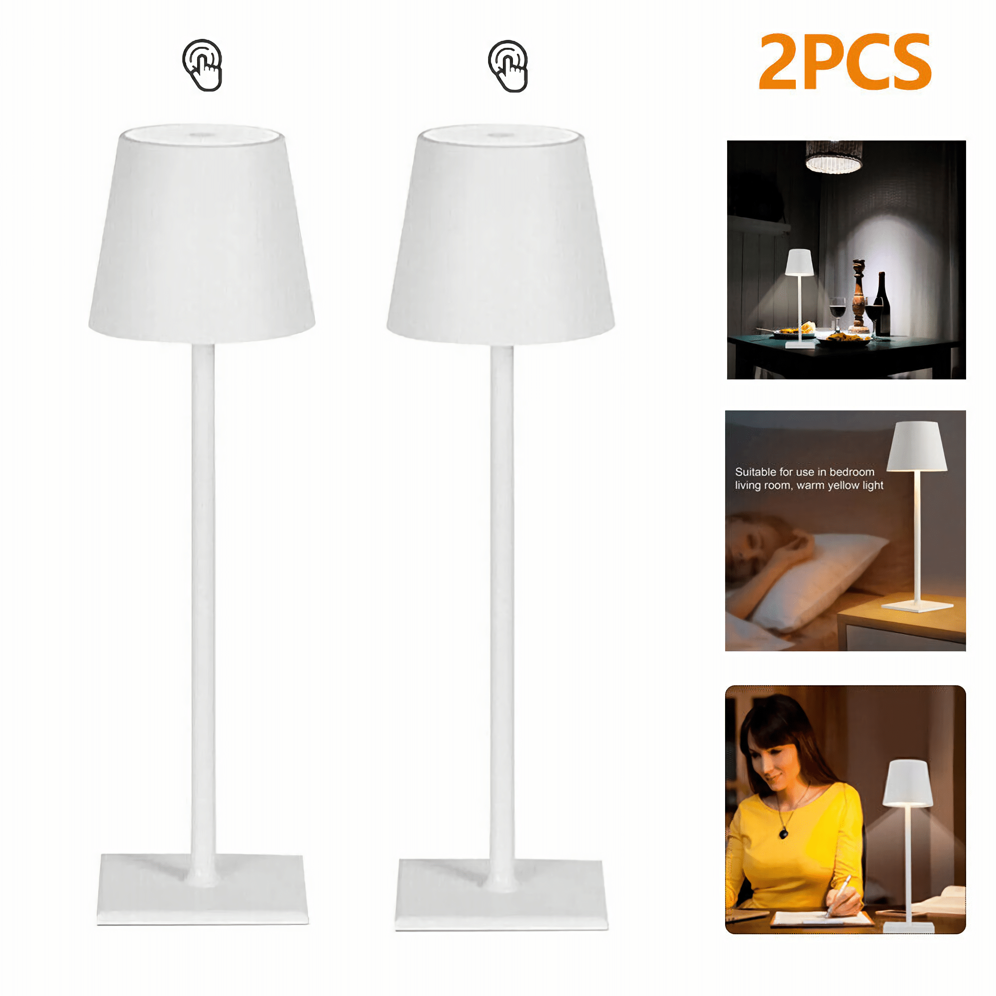 Zwei weiße Lampen mit berührungsempfindlichem Sockel, mit zusätzlichen Raumnutzungsbeispielen.