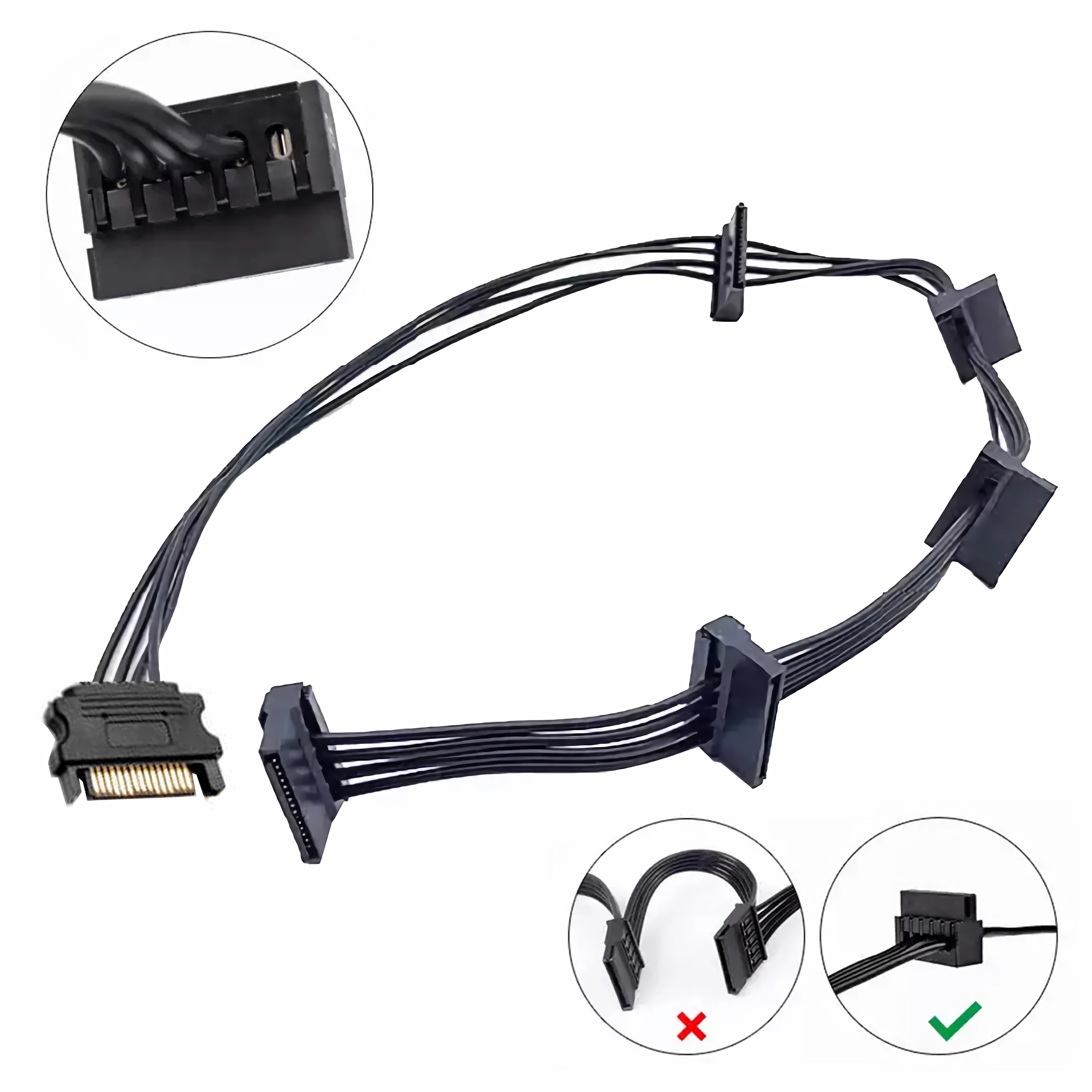Schwarze SATA-Datenkabel und Stromanschlüsse. Kabel sind an einen schwarzen Stecker angeschlossen. Weißer Hintergrund.