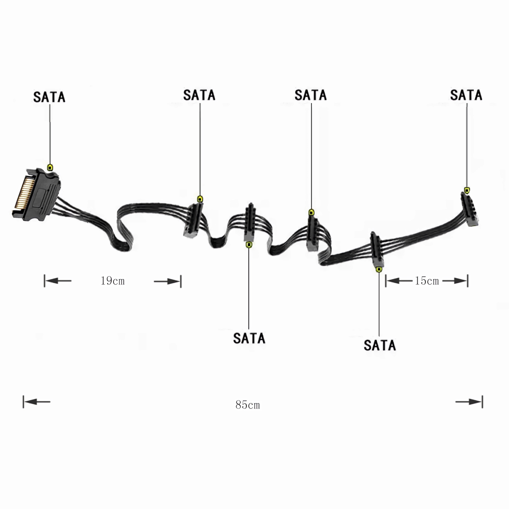 SATA-Datenkabel mit mehreren Anschlüssen, mit Abmessungen und Beschriftungen.