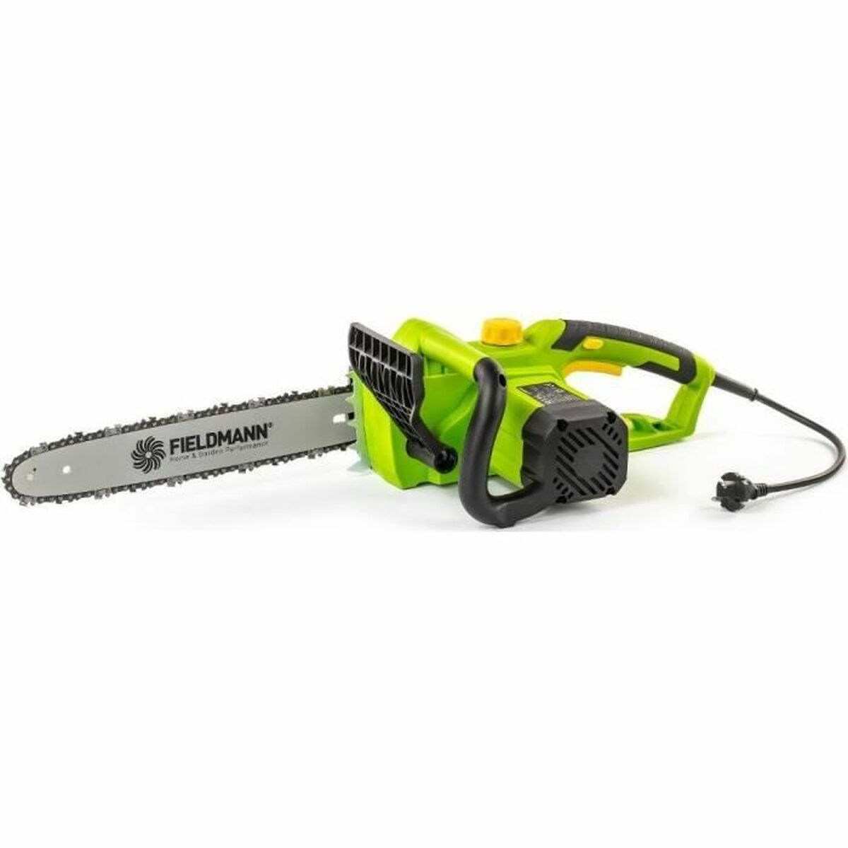Grüne und schwarze elektrische Kettensäge. Der Markenname FIELDMANN ist sichtbar. Sie hat ein schwarzes Netzkabel.