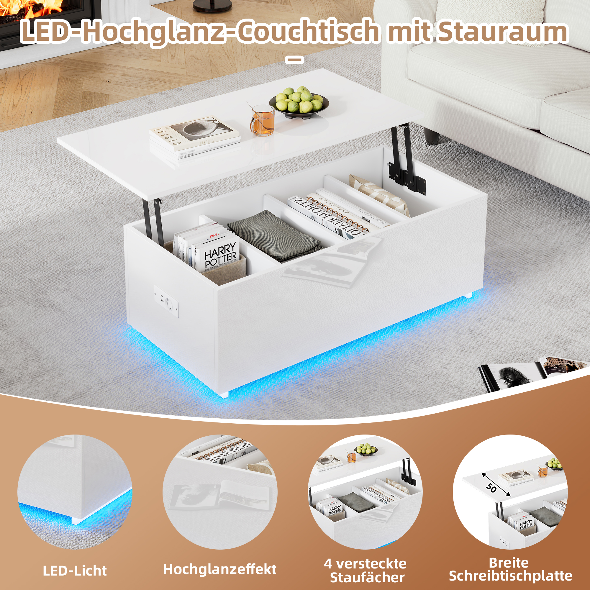 Weißer Couchtisch mit Hubtisch, blauen LEDs und Stauraum, im Wohnzimmer.