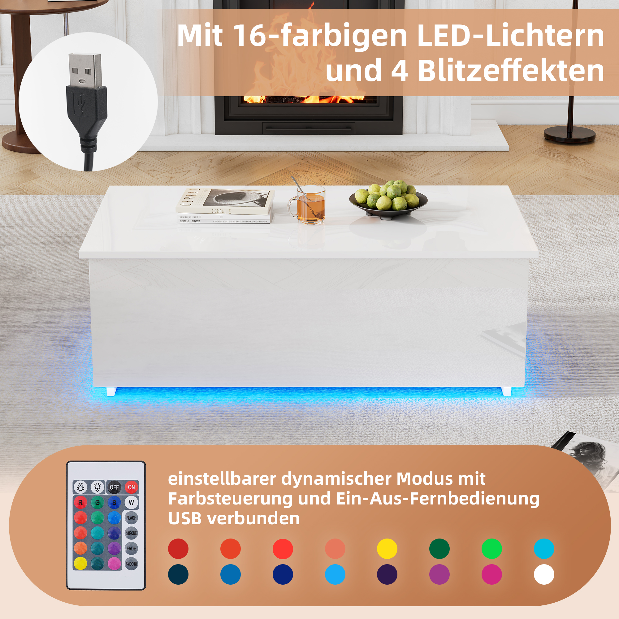 Weißer Couchtisch mit Hubtisch, blauen LEDs, USB-Anschluss und Fernbedienungsoptionen.
