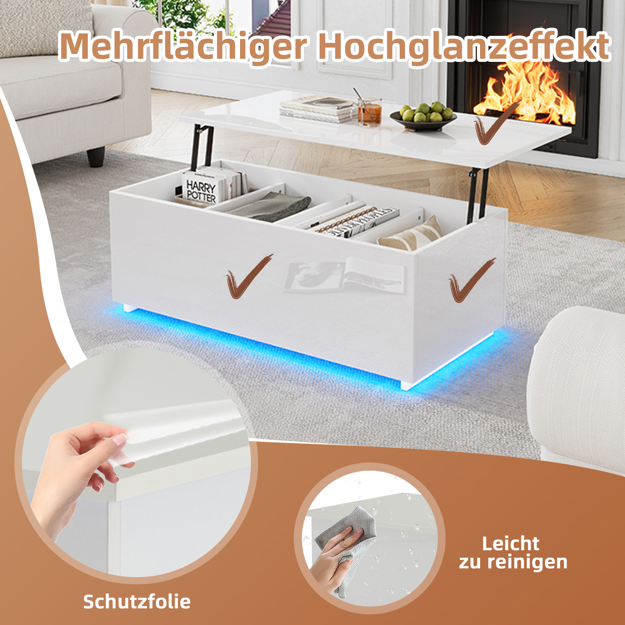 Weißer Couchtisch mit Hubtisch, blauen LEDs und Stauraum. Kamin und Wohnzimmer.