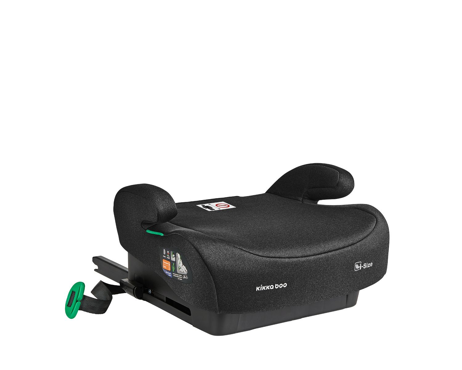 Silla de coche negra para niños sobre fondo blanco. Tiene soportes laterales y hebilla verde. Marca 'kikka boo'.