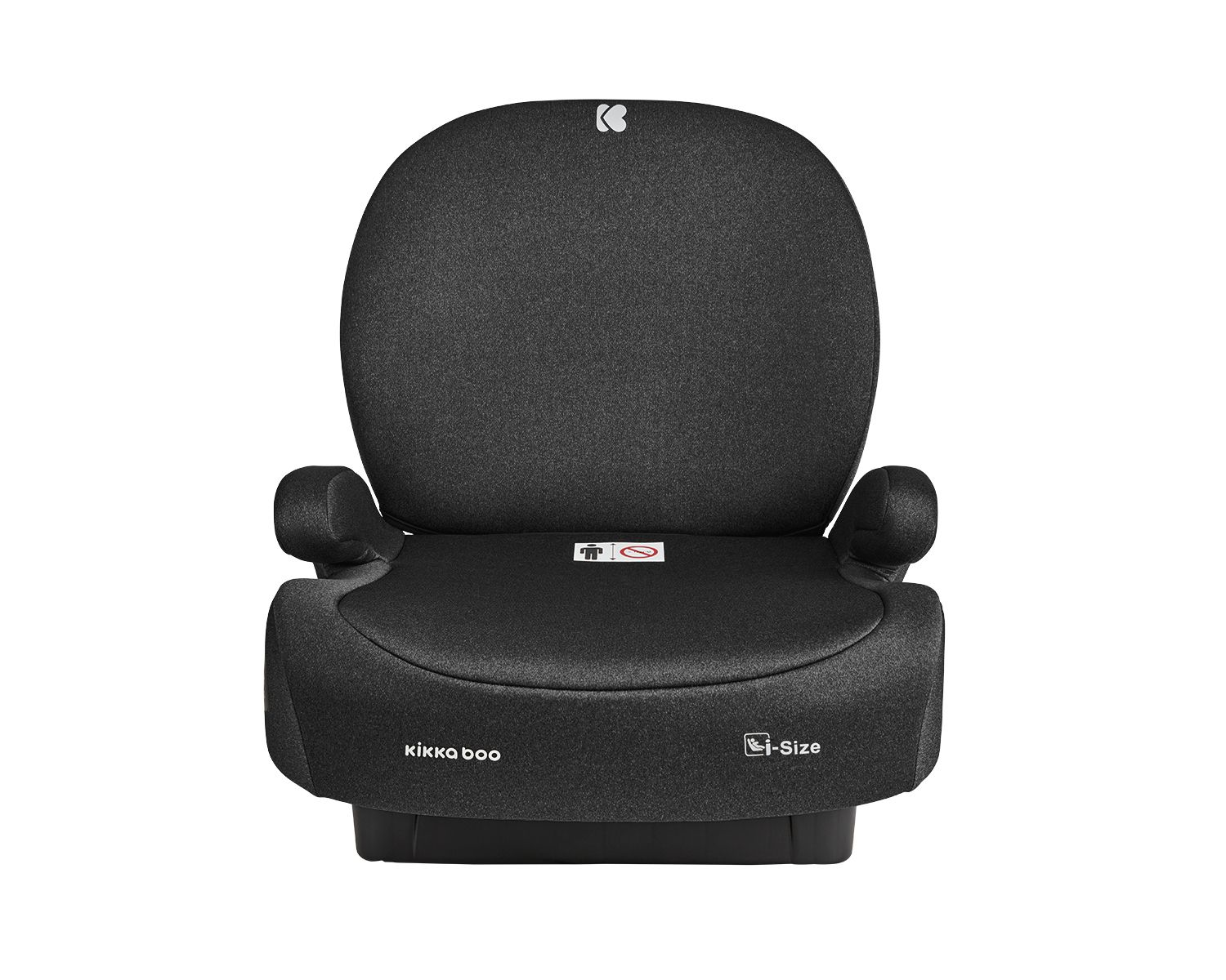 Una silla de coche negra para niños con el logo 'kikka boo', etiqueta i-size y fondo neutral.