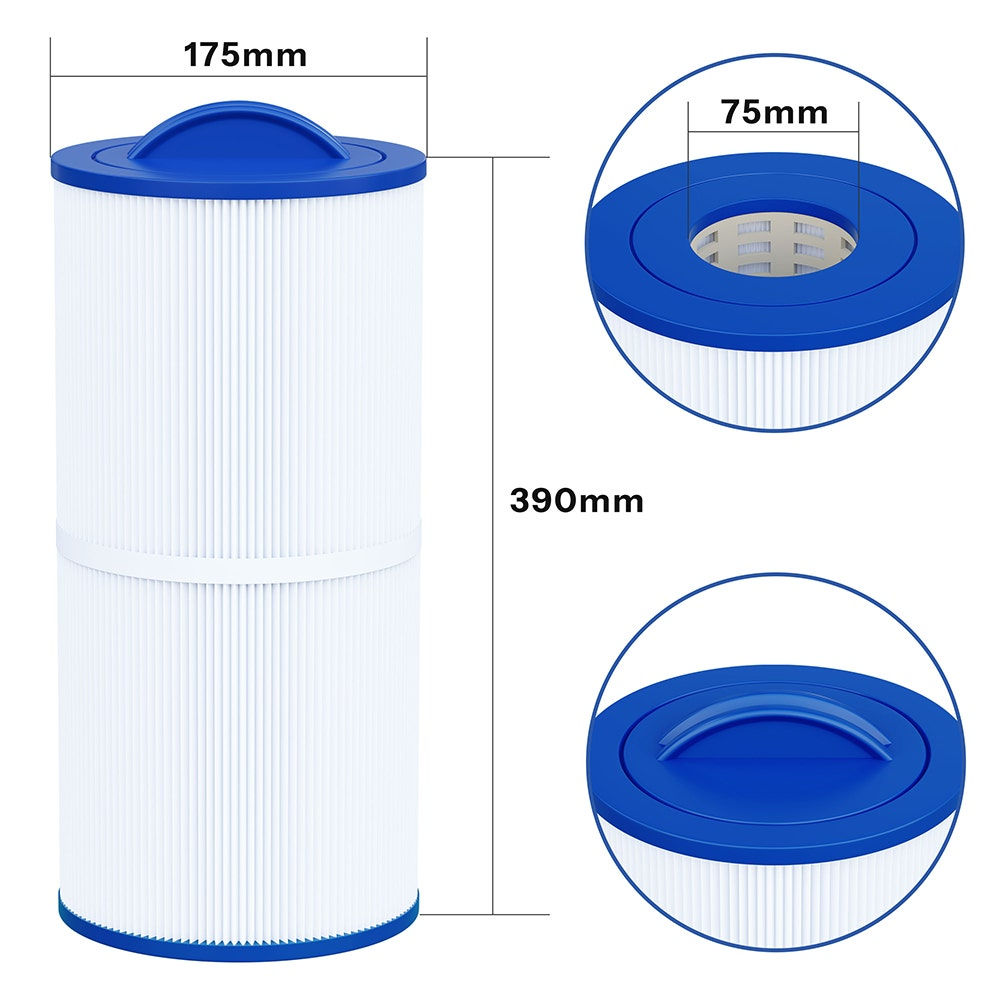 Filtro dell'acqua bianco e blu con dimensioni indicate. Sono mostrate anche due viste circolari.