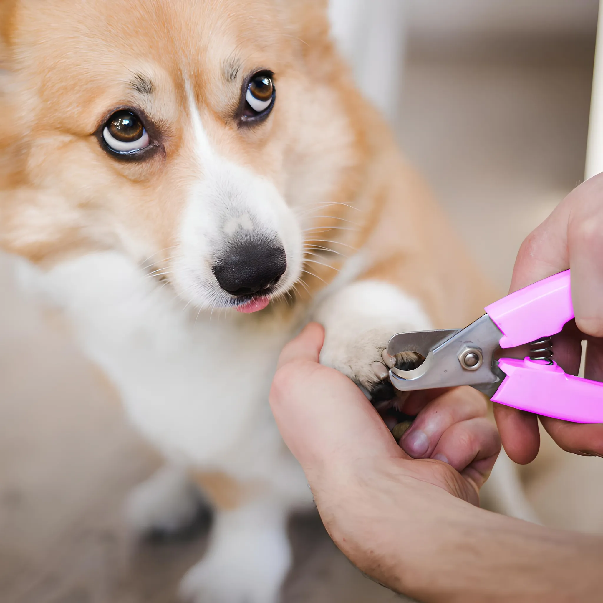Corgi-Hund, dem mit einer rosa Schere von Hand die Nägel geschnitten werden.