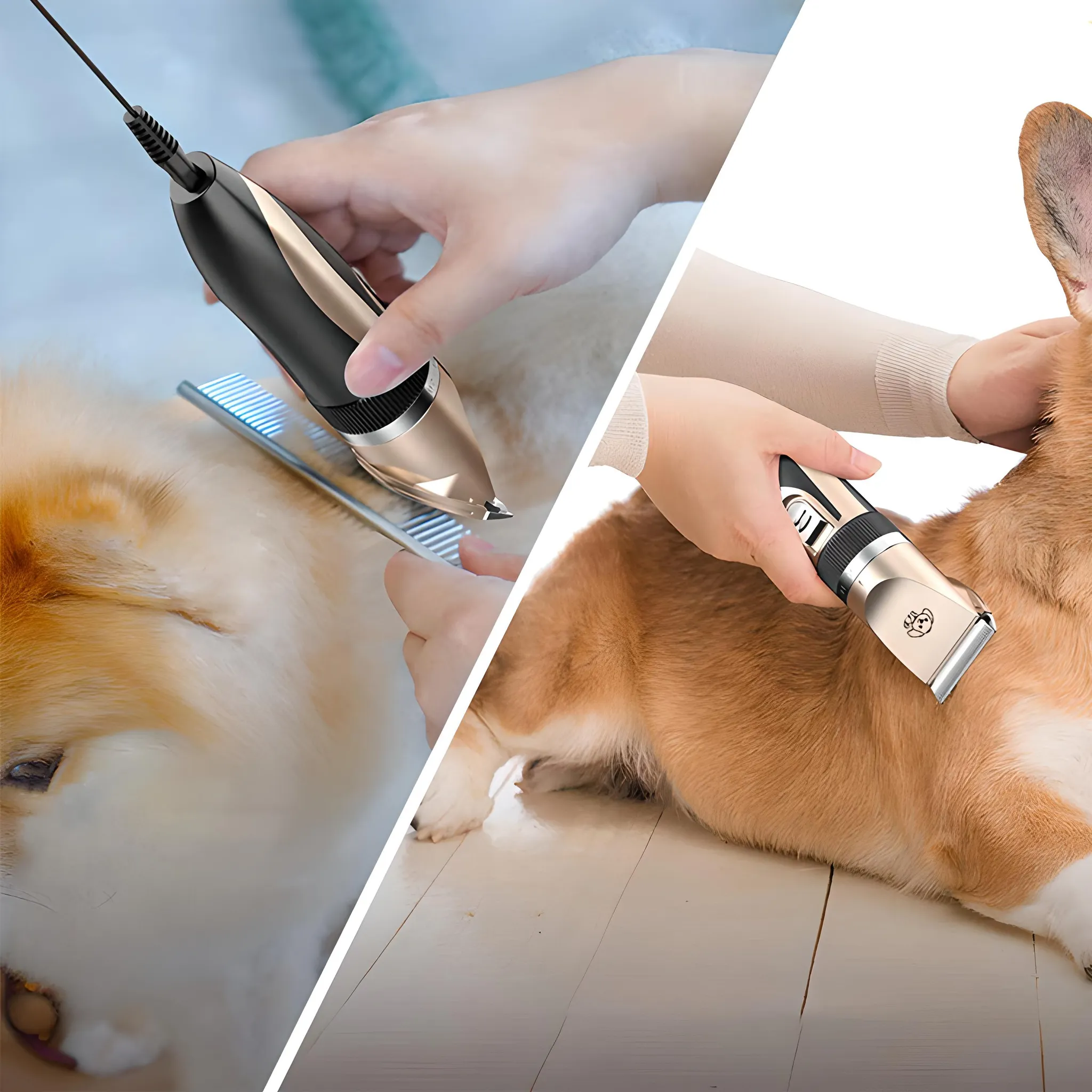 Zwei Bilder, die Hundefrisuren zeigen. Eines mit Schermaschine und Kamm.