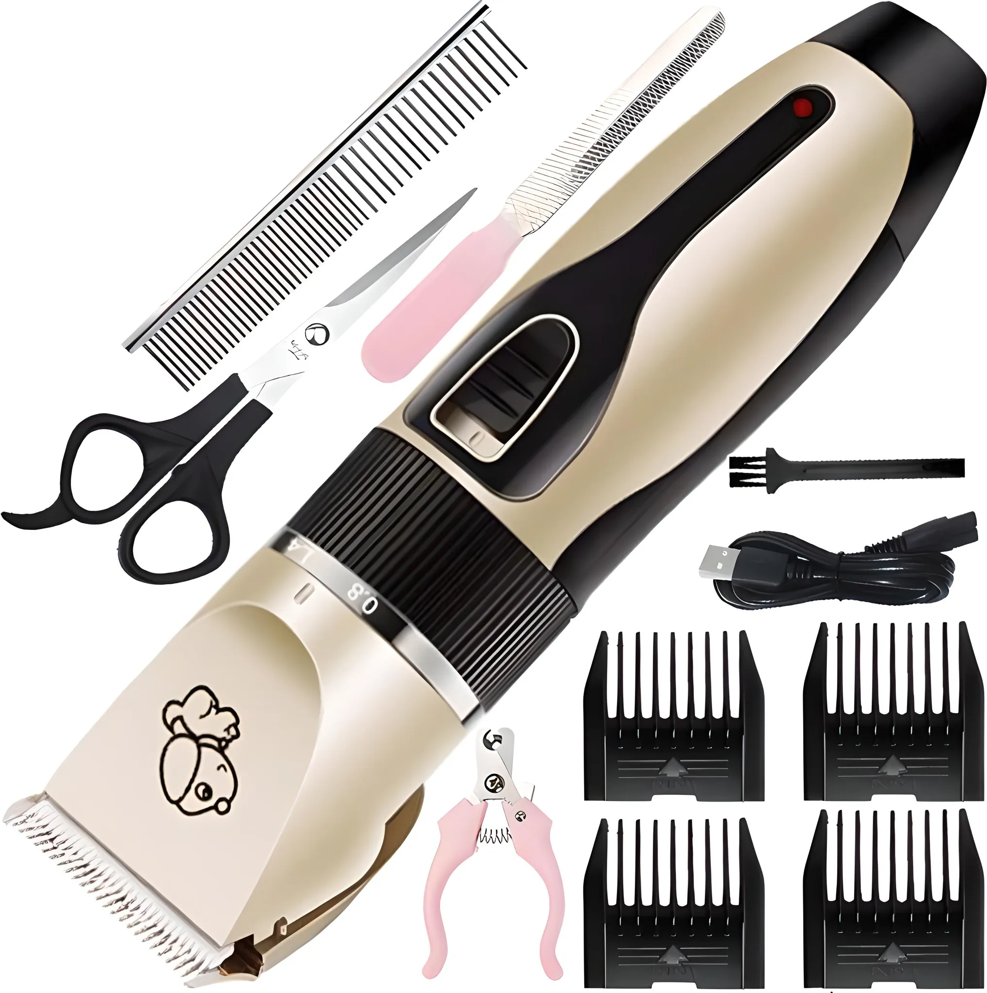 Tierpflege-Set. Enthält Clipper, Kamm, Schere, Nagelknipser und Aufsätze.