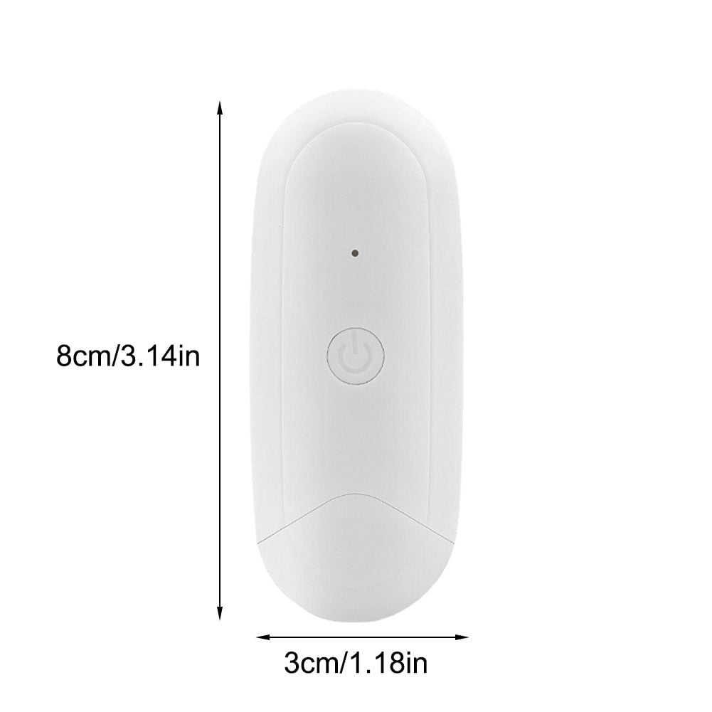 Ein weißes Gerät mit den Abmessungen 8cm x 3cm, mit einem Ein/Aus-Knopf und Maßen, isoliert.