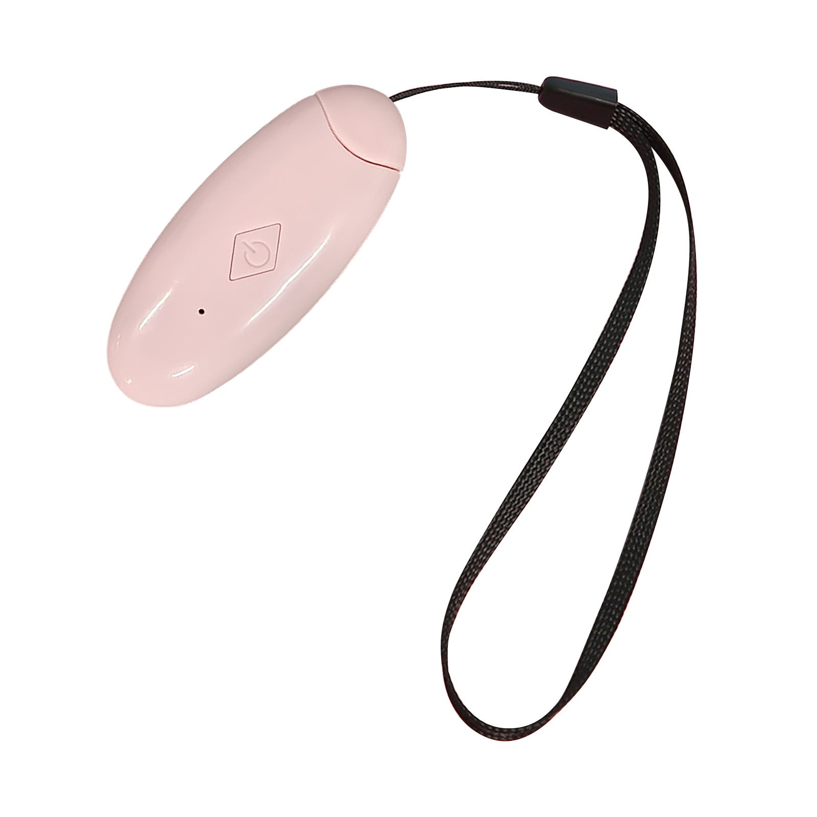 Ein rosa, ovales Gerät mit schwarzem Band. Ein einziger Knopf ist abgebildet.