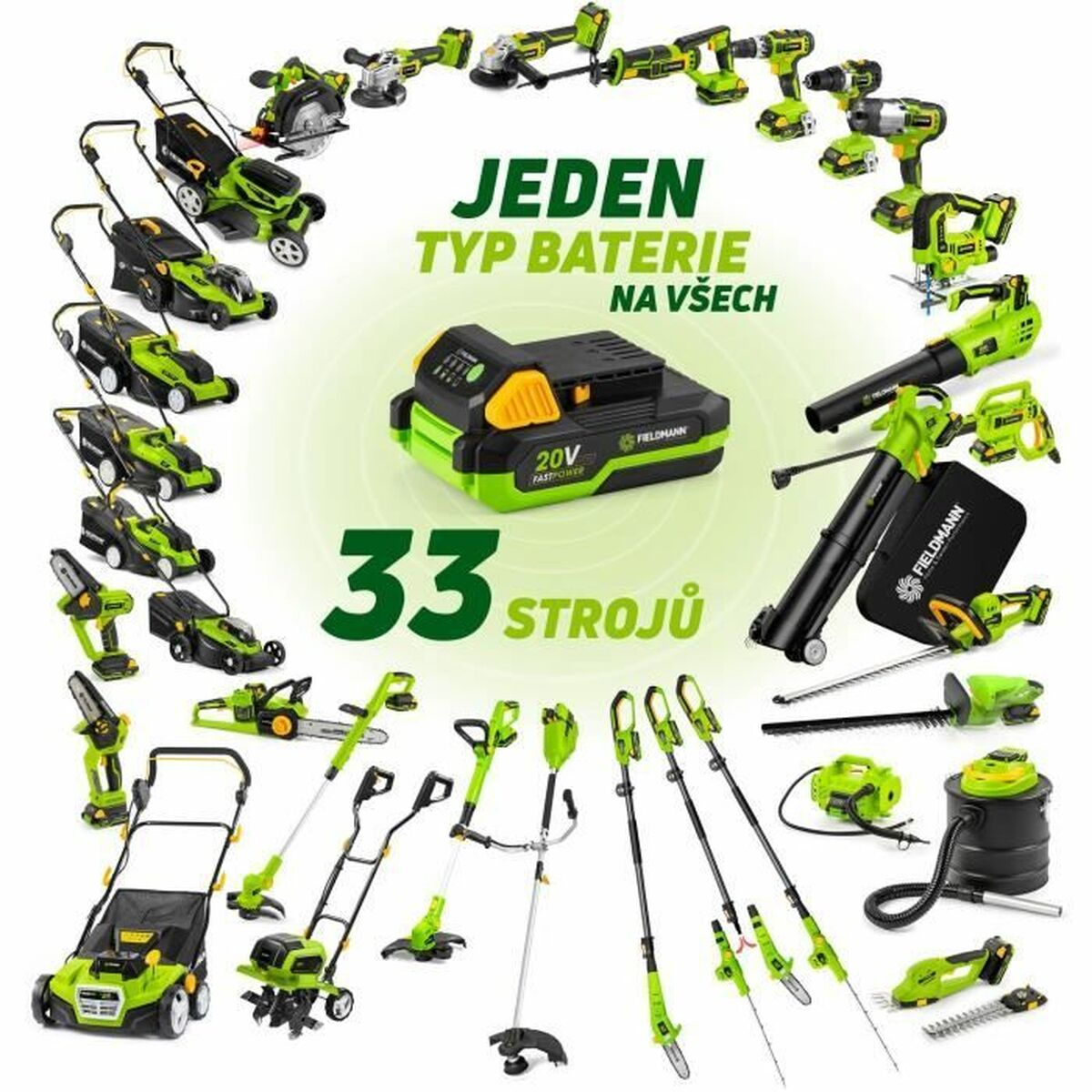 Sammlung von 33 grünen und schwarzen Fieldmann-Werkzeugen und einem 20-V-Akku. Text:
