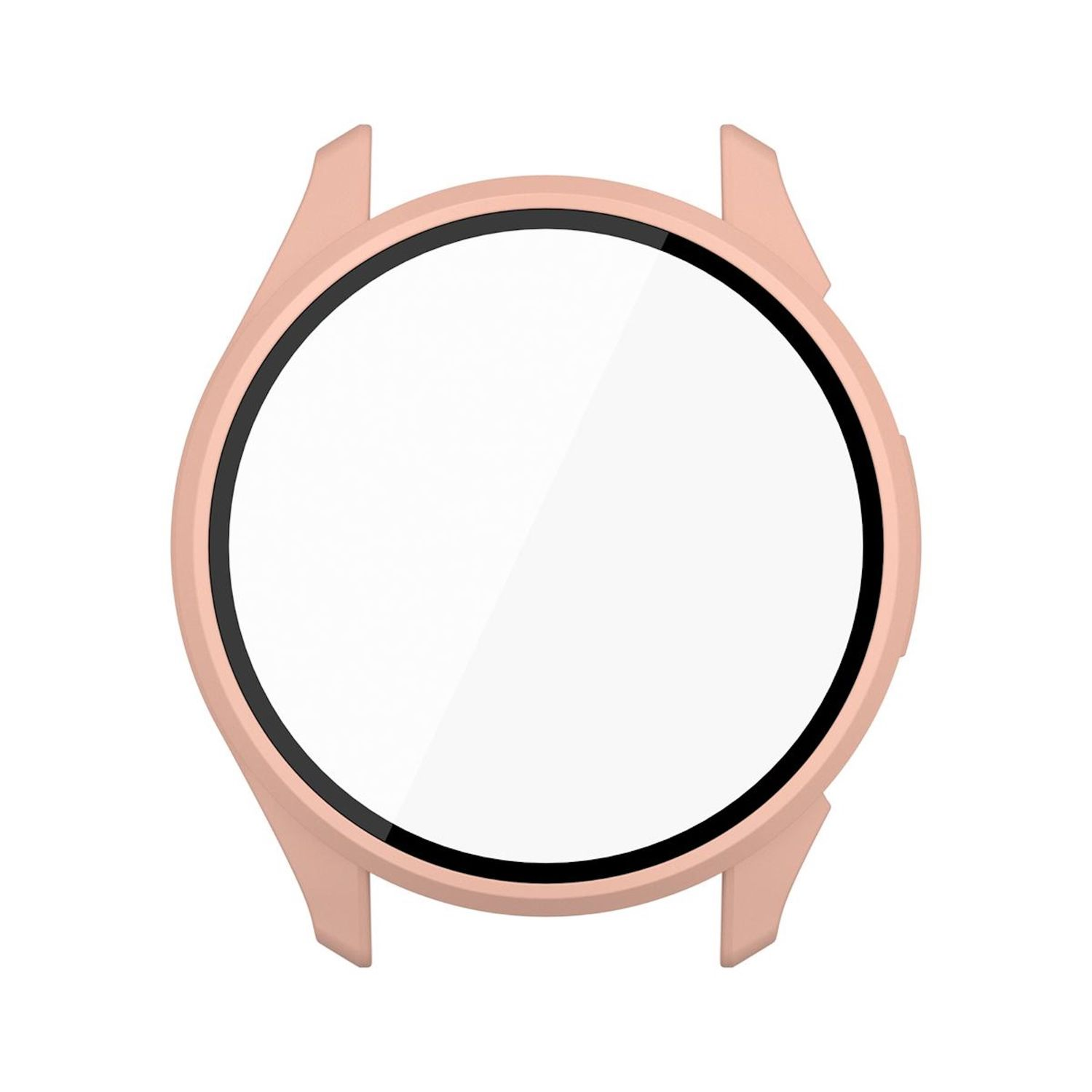 Ein pfirsichfarbenes Smartwatch-Gehäuse mit einem schwarzen Displayschutz. Das Gehäuse ist rund mit einem Ausschnitt für den Bildschirm.