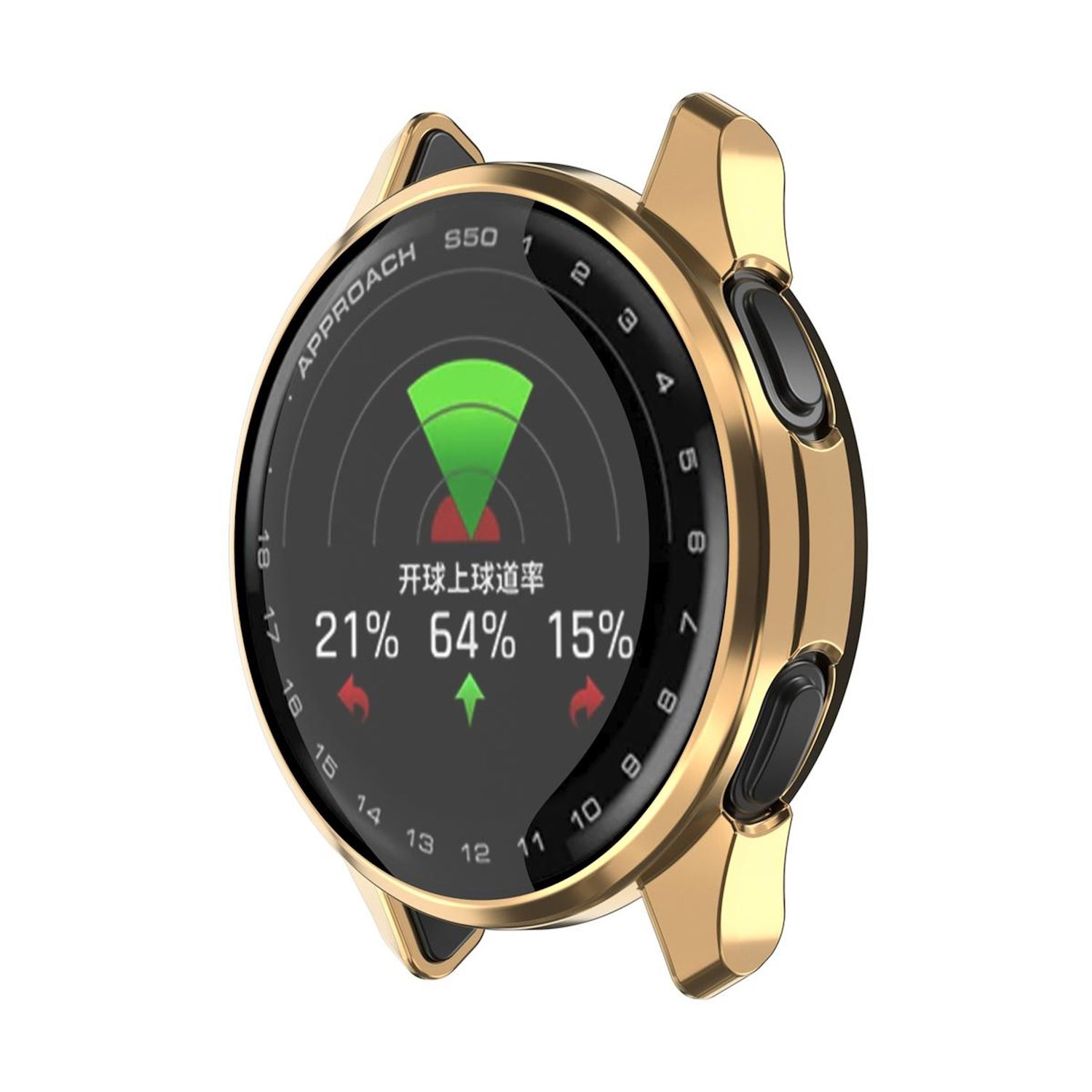 Smartwatch mit Golfdaten, zeigt Statistiken: 21 %, 64 % und 15 %. Goldener Rahmen und schwarzes Uhrengehäuse.