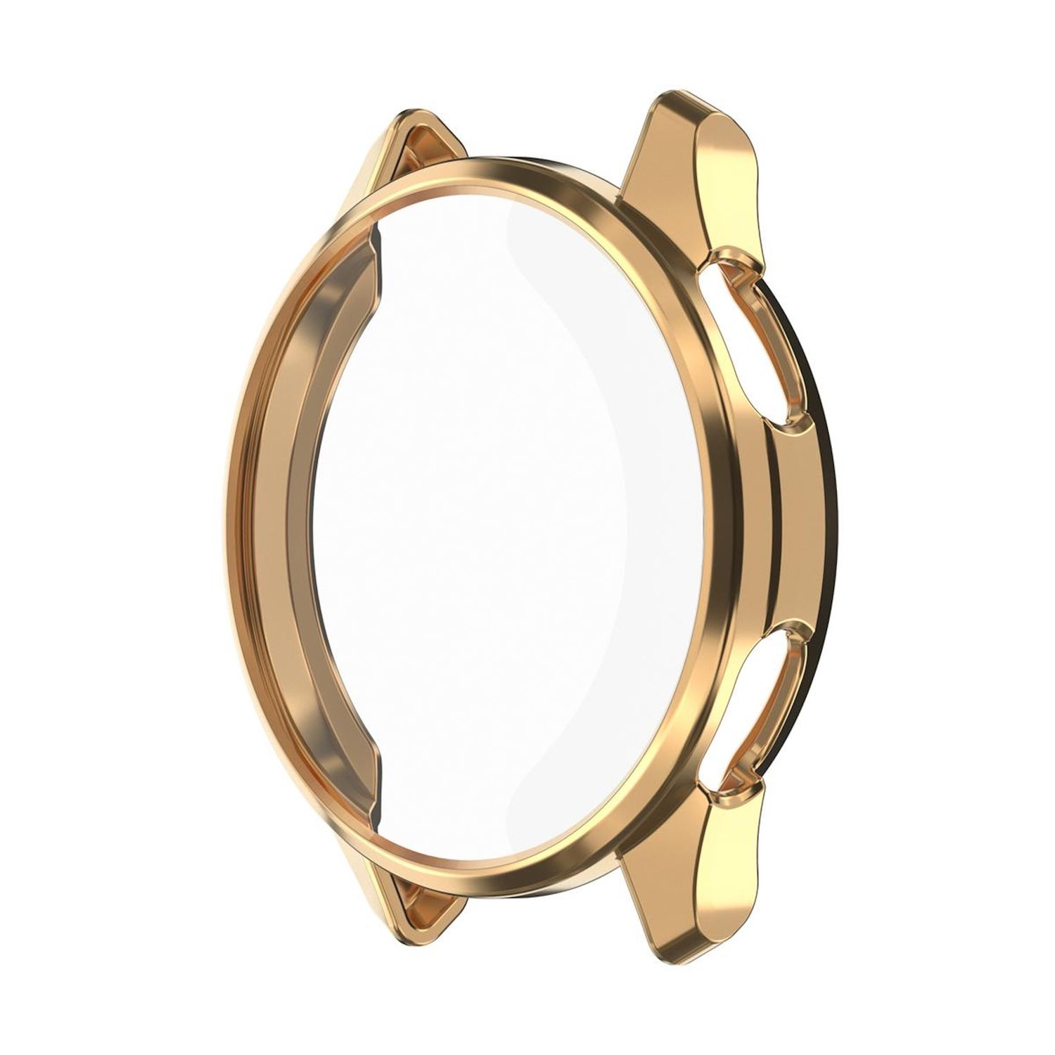 Goldenes Uhrengehäuse mit transparentem Deckel. Kreisförmiges Design, erhöhte Kanten, elegant.