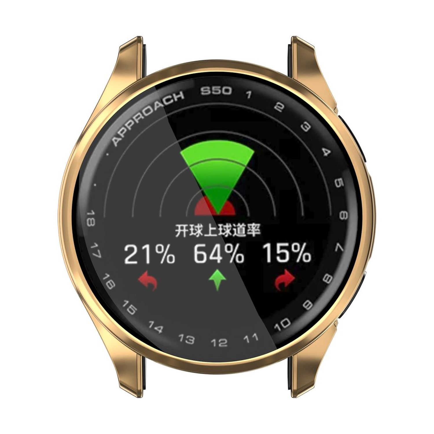 Smartwatch mit Golfdaten, Statistiken 21 %, 64 %, 15 %. Goldener Rahmen und schwarzes Uhrengehäuse.