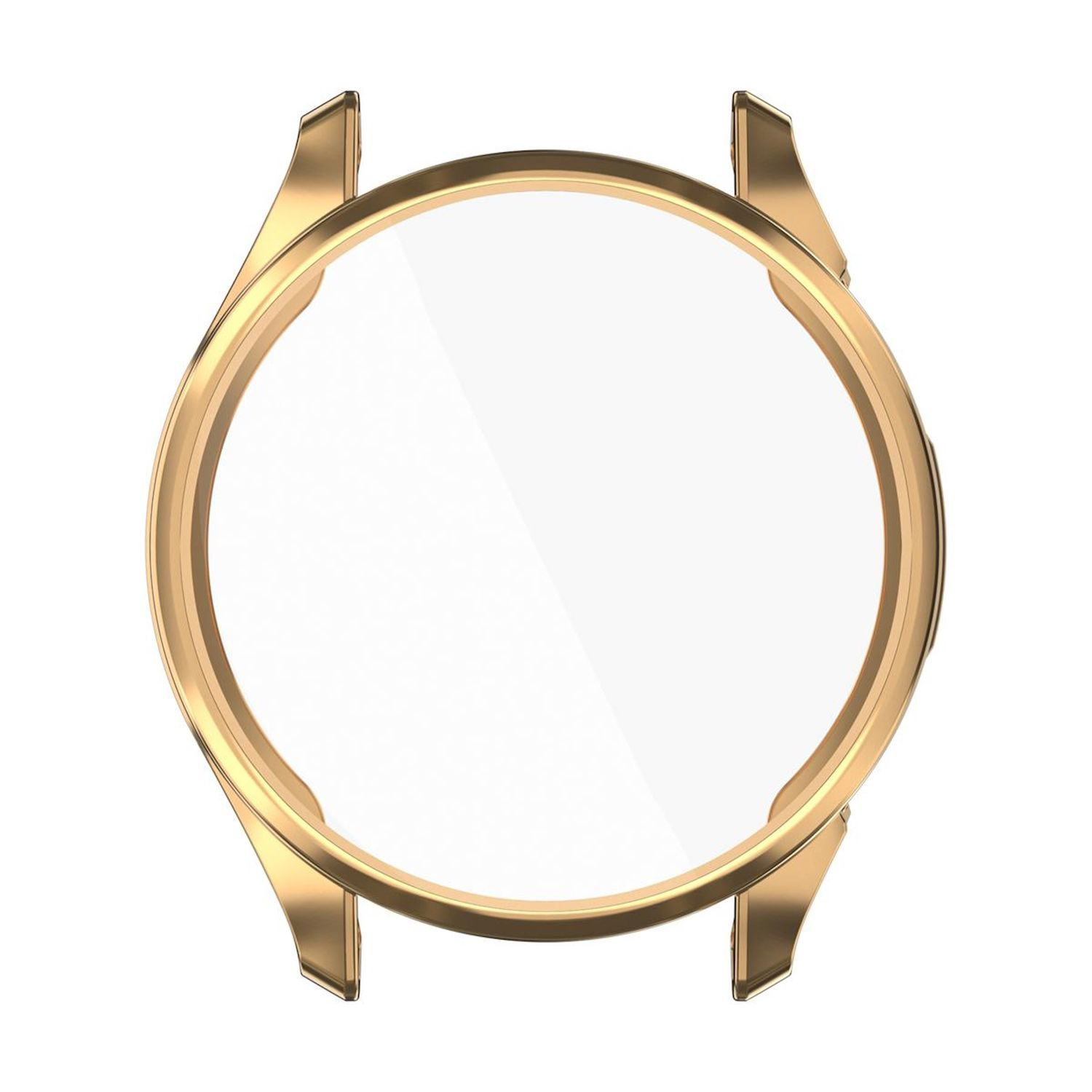 Nahaufnahme einer goldfarbenen Uhrenlünette für eine Smartwatch, mit einem klaren Displayschutz.