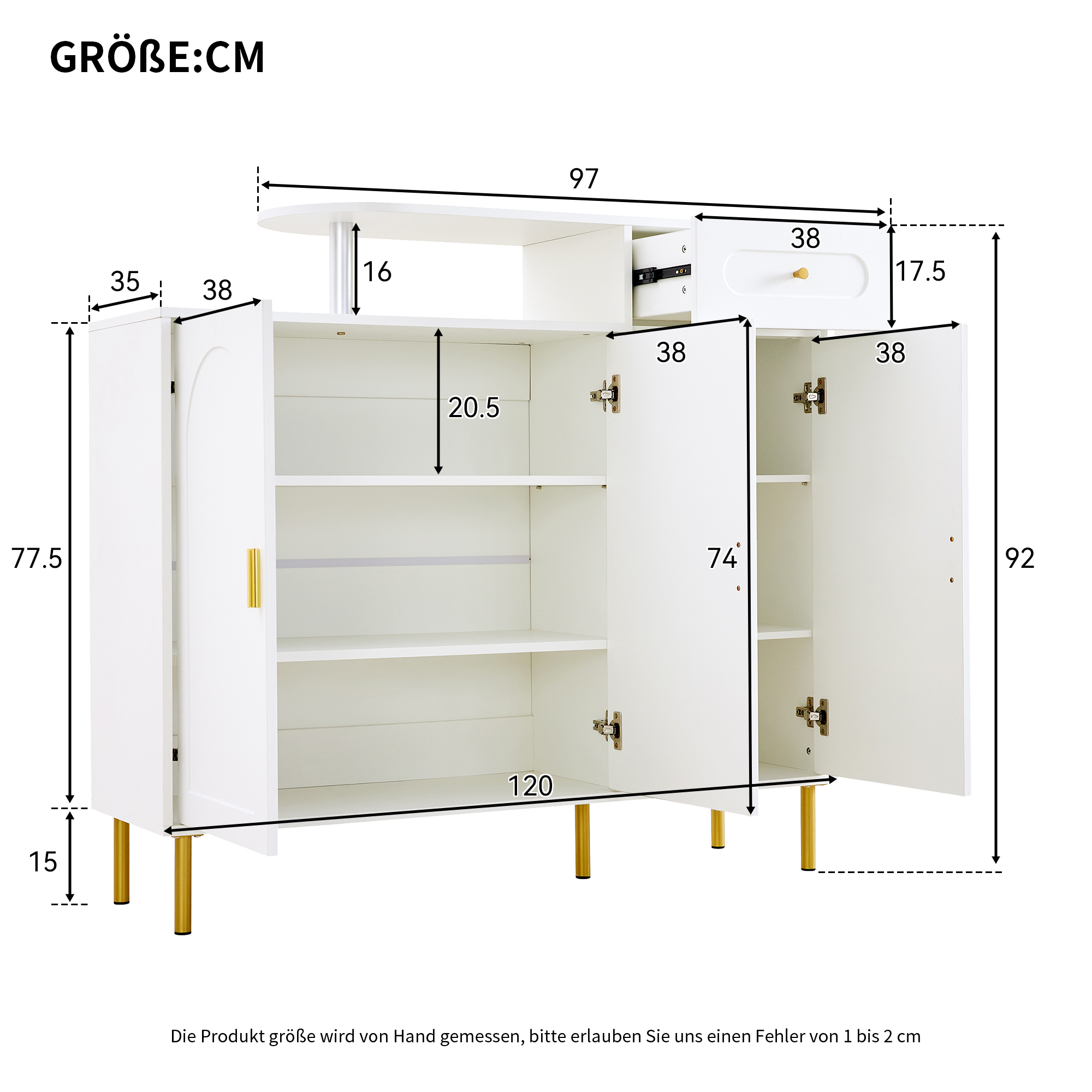 Weißer Schrank mit beschrifteten Maßen. Zwei Türen sind offen und zeigen Innenregale.