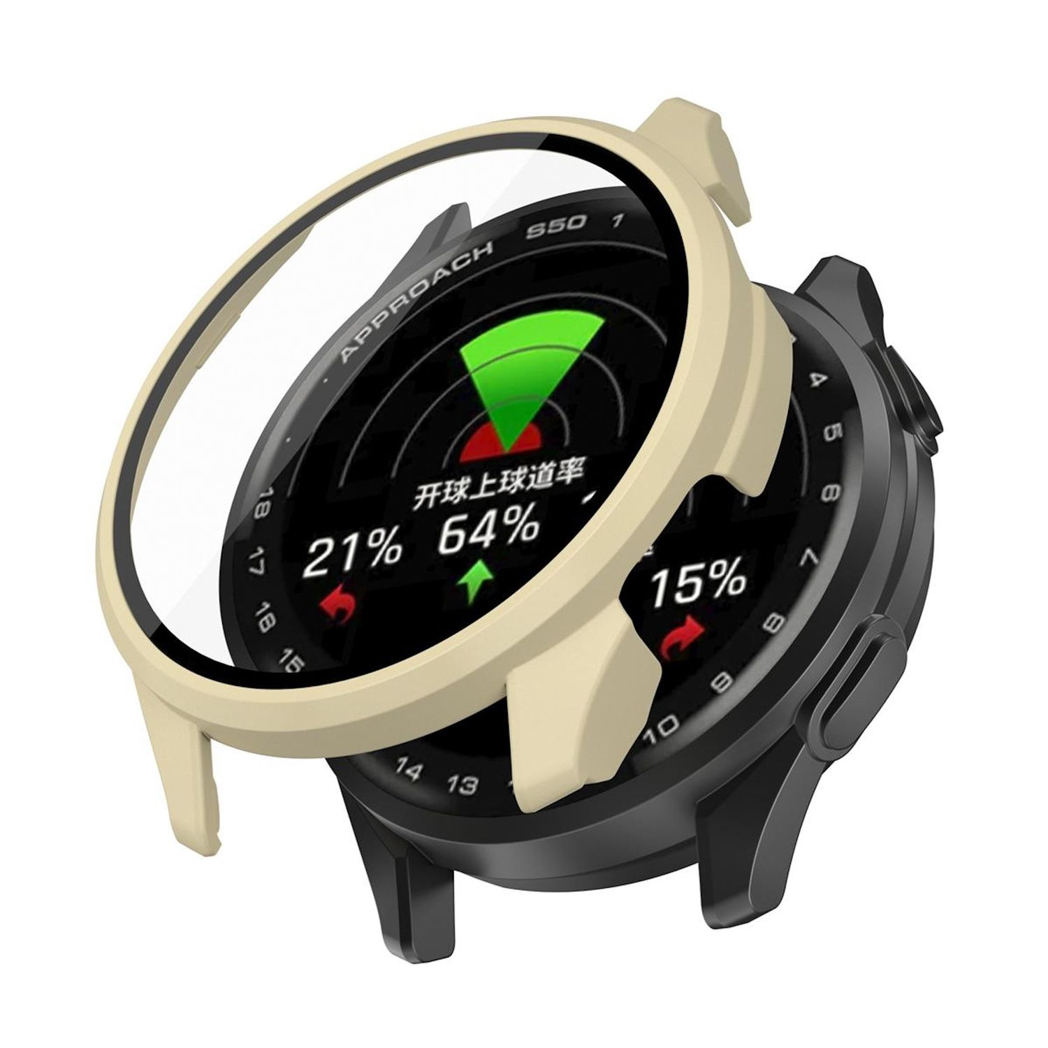 Smartwatch mit Golfdaten, mit beigefarbener Lünette und schwarzem Uhrengehäuse. Zeigt Statistiken wie 21 %, 64 % und 15 % an.