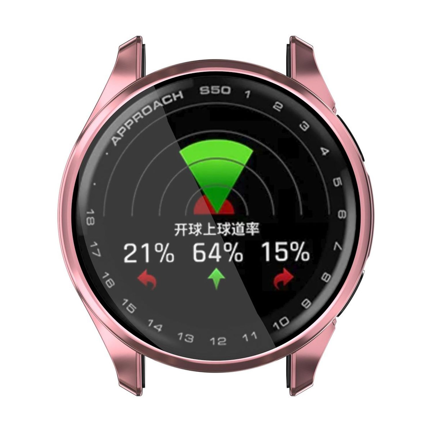 Smartwatch mit Golfdaten, Statistiken 21 %, 64 %, 15 %. Roségoldfarbene Lünette und schwarzes Uhrengehäuse.