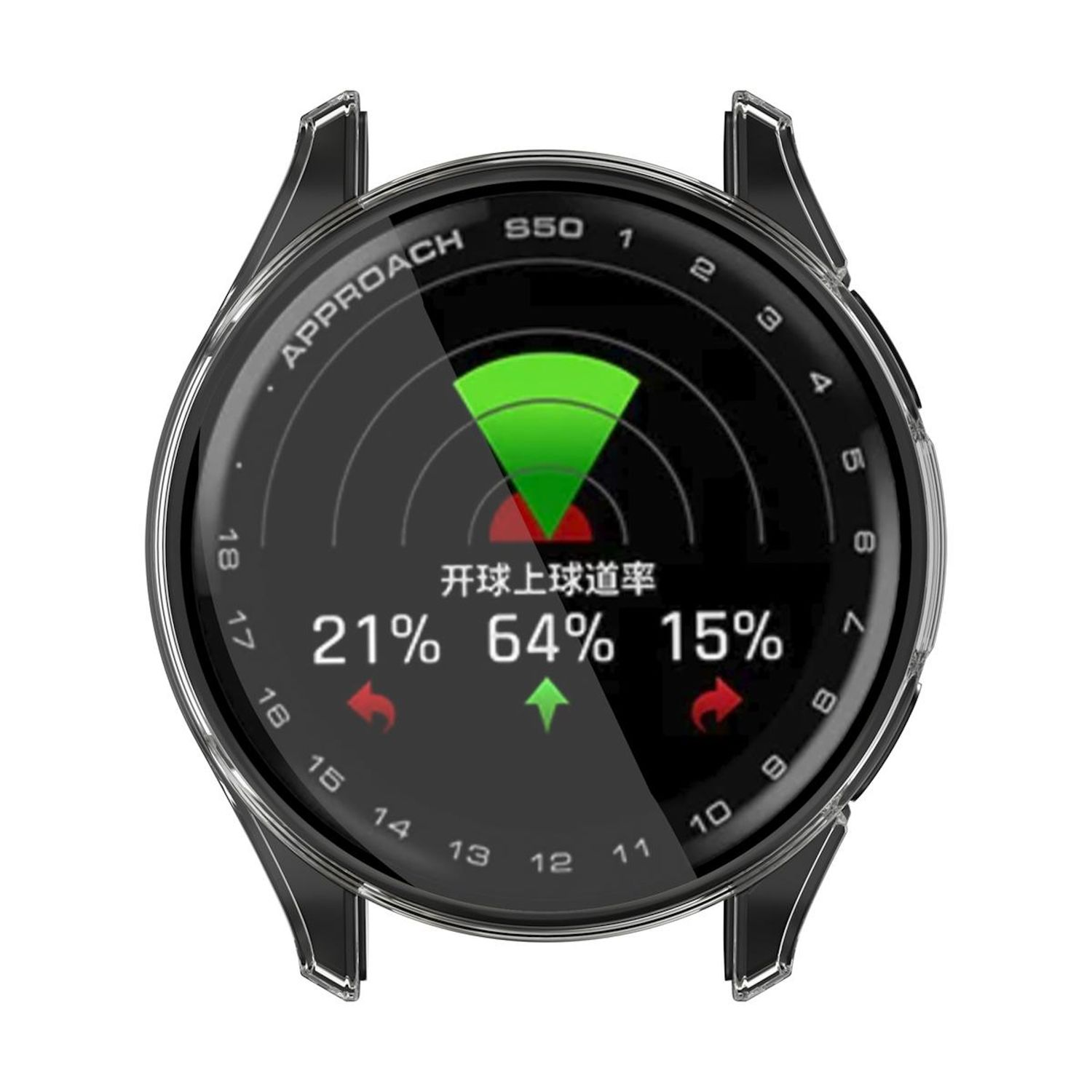 Cassa orologio nera con schermo nero. Statistiche golf, numeri, frecce e grafico verde.
