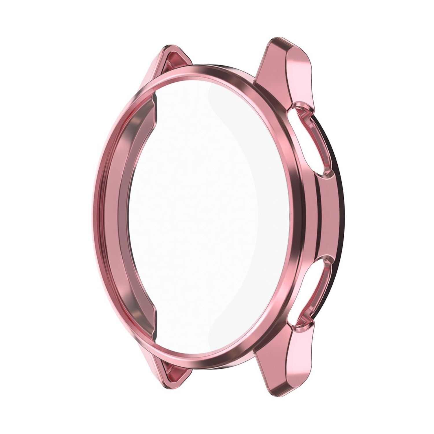 Roségoldenes Uhrengehäuse mit transparentem Deckel. Rundes Design mit erhöhten Kanten.