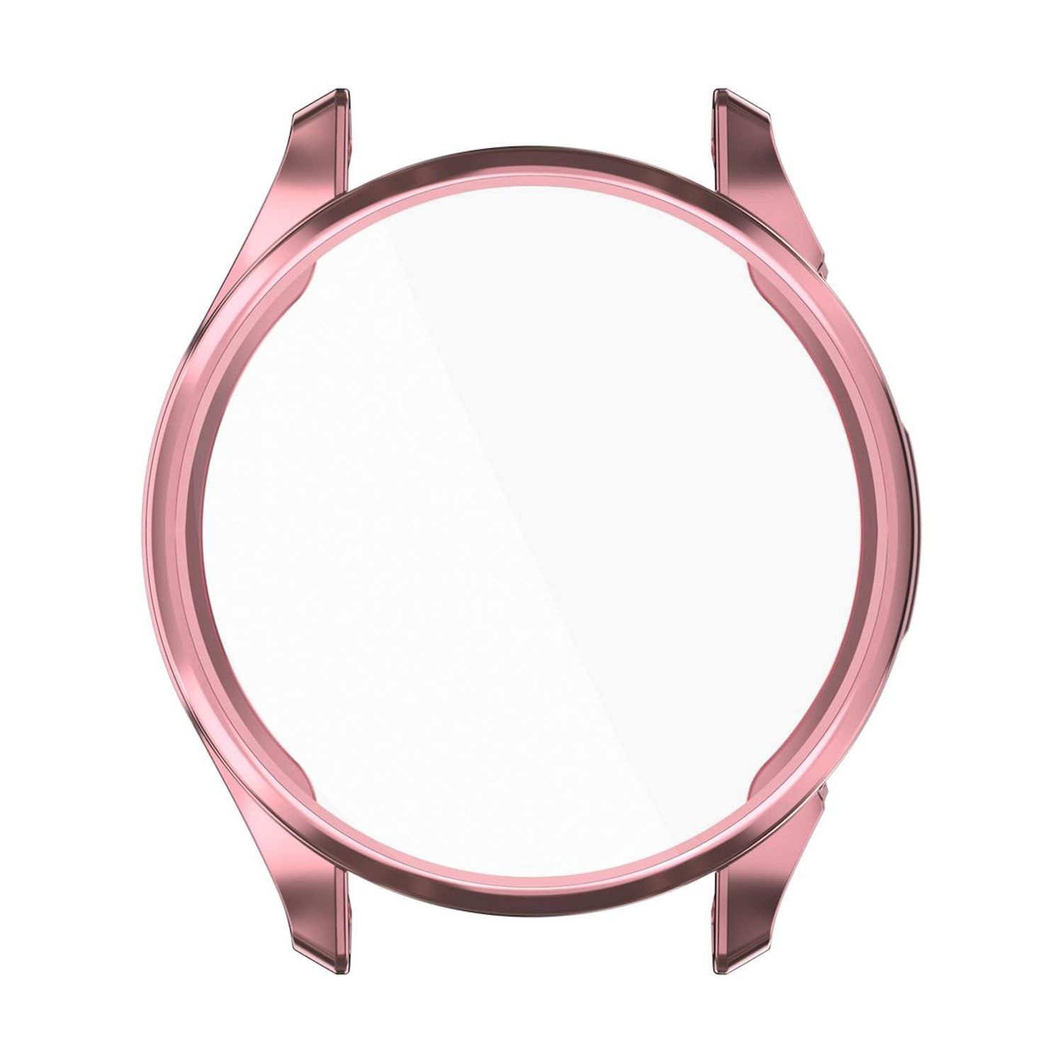 Roségoldenes Uhrengehäuse mit transparentem Deckel. Kreisförmiges Design, erhöhte Kanten, elegant.