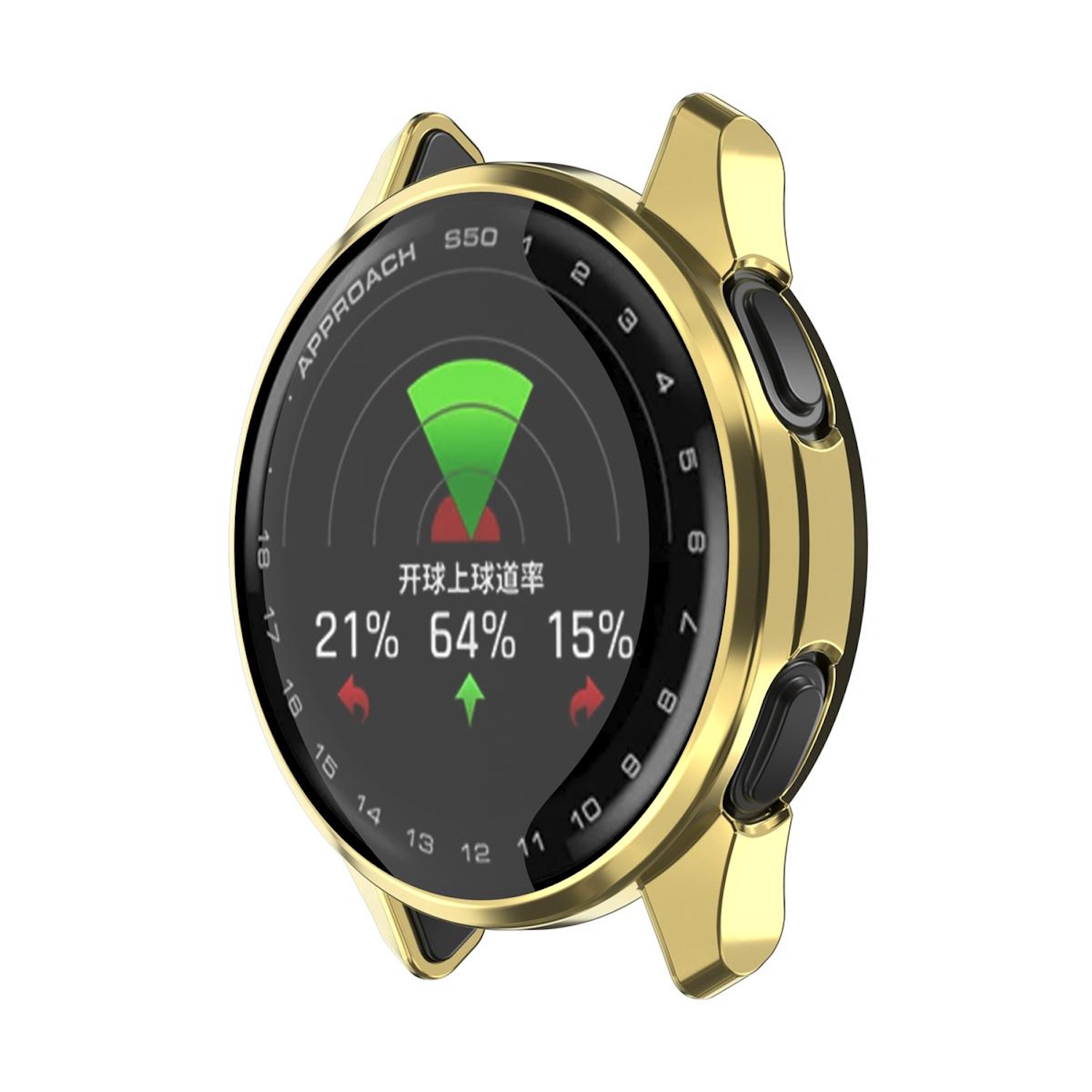 Eine goldene Uhr mit einem schwarzen Bildschirm, der Golfstatistiken und Zahlen anzeigt, umgeben von einem Goldrahmen.