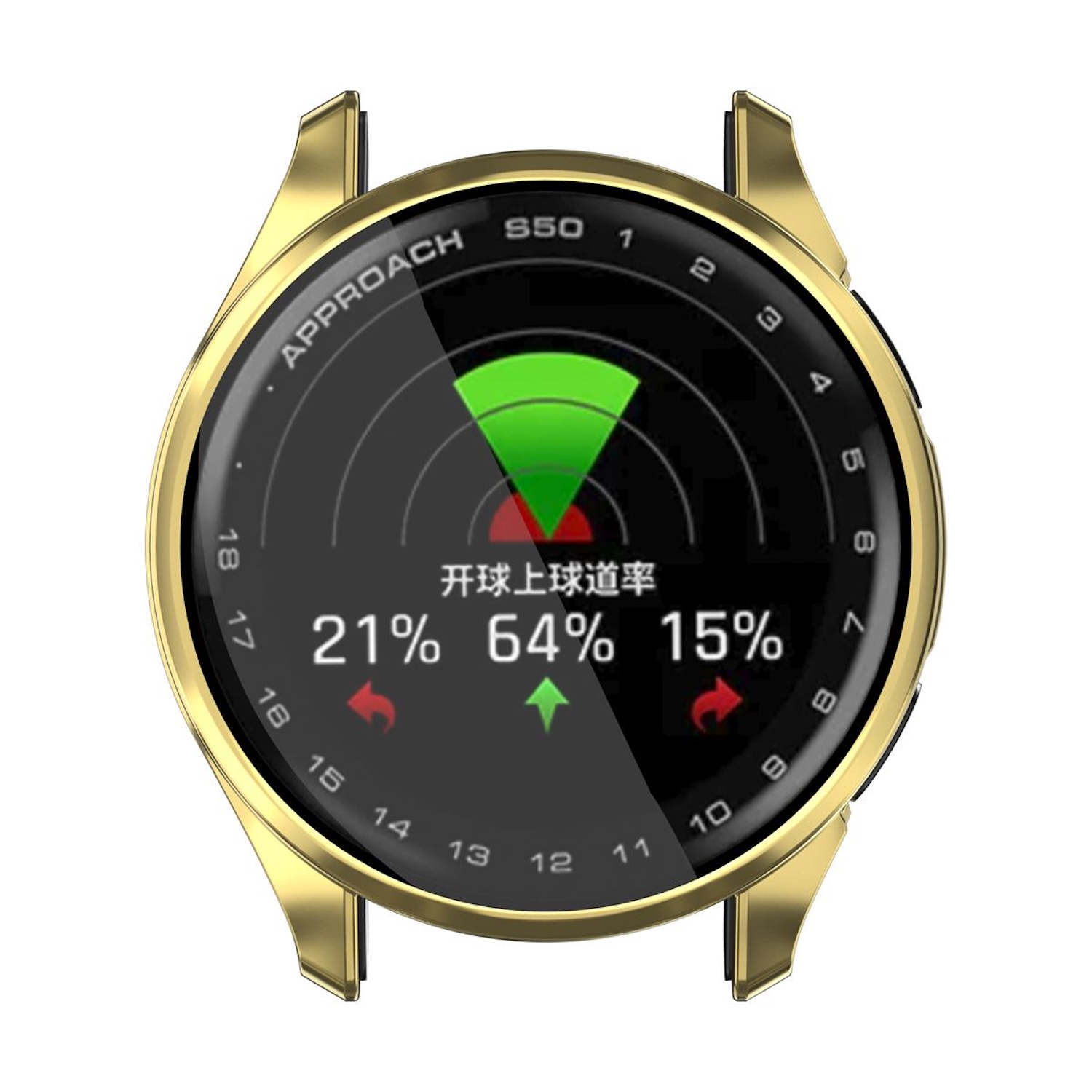 Uhr mit goldener Lünette und Display mit Zahlen und grünem Bereich.