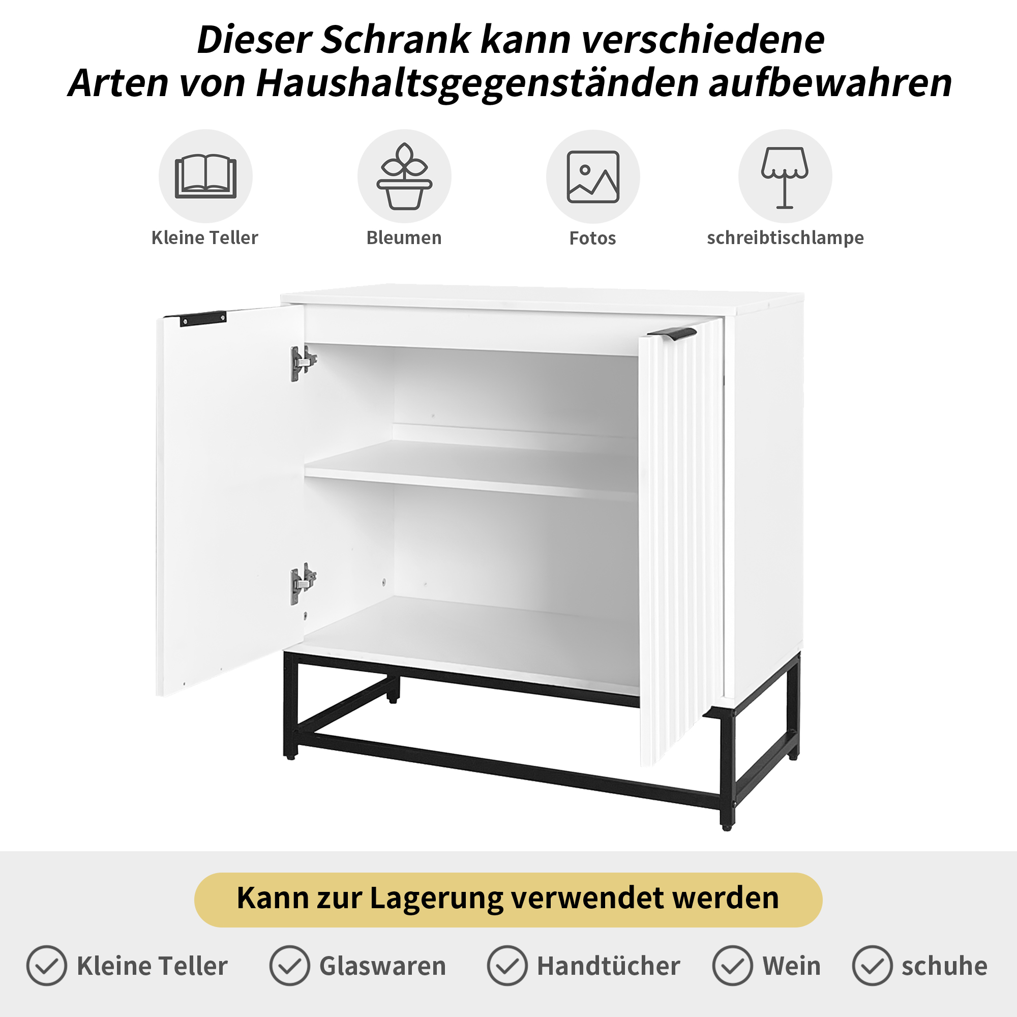 Weißer Schrank mit offener Tür, die Regale zeigt, und Symbole der Dinge, die er lagern kann.