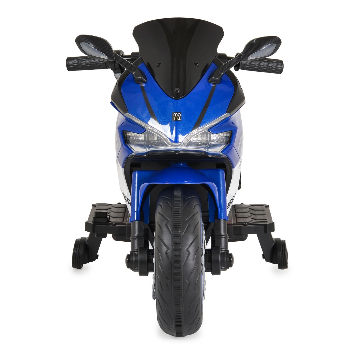 Blau-weißes Spielzeugmotorrad, Frontansicht, mit Stützrädern.