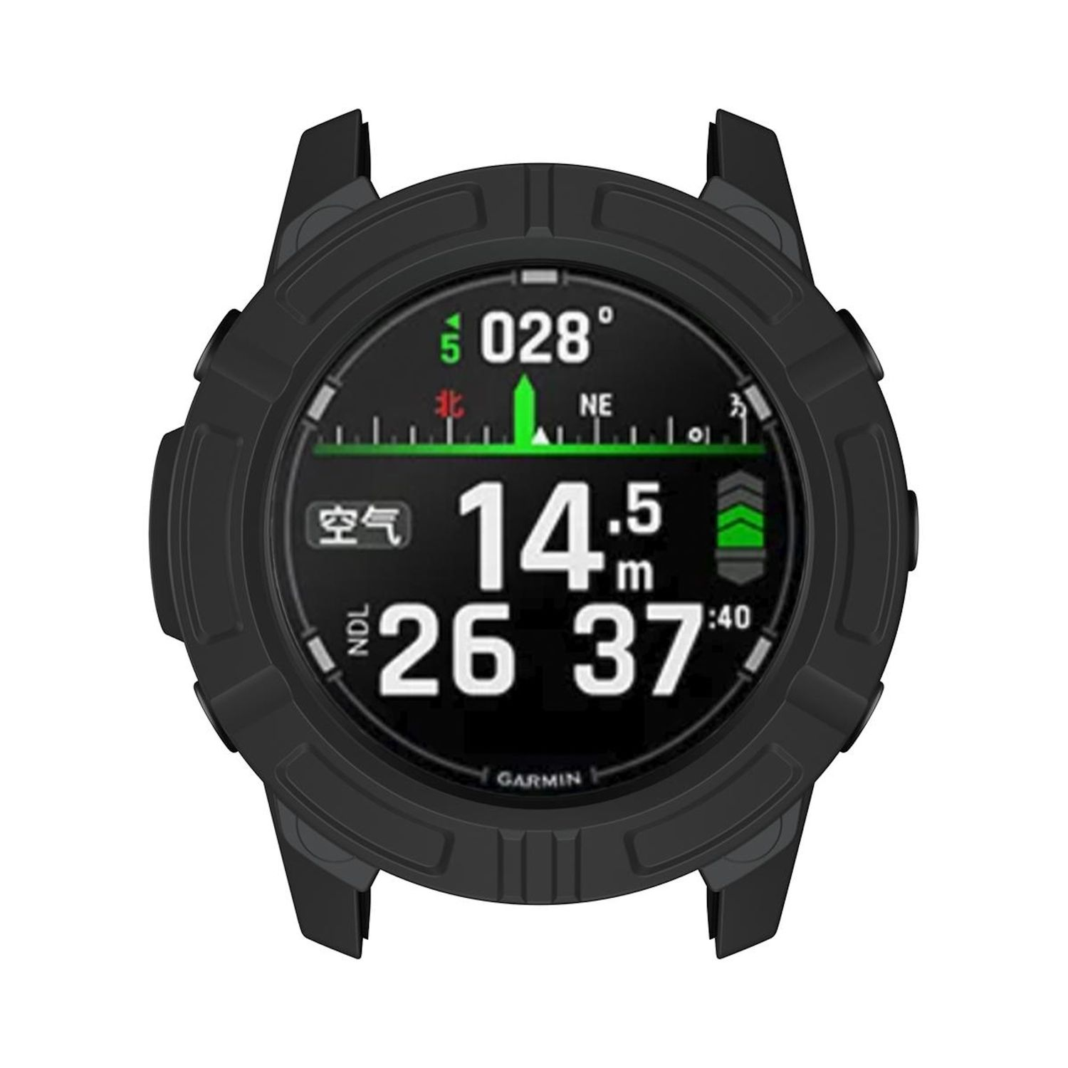 Schwarzes Smartwatch-Zifferblatt mit Kompass, Uhrzeit und anderen Daten.
