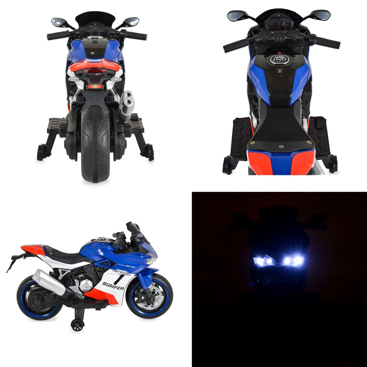 Vier Bilder eines blauen, weißen und roten Spielzeugmotorrads aus verschiedenen Winkeln.