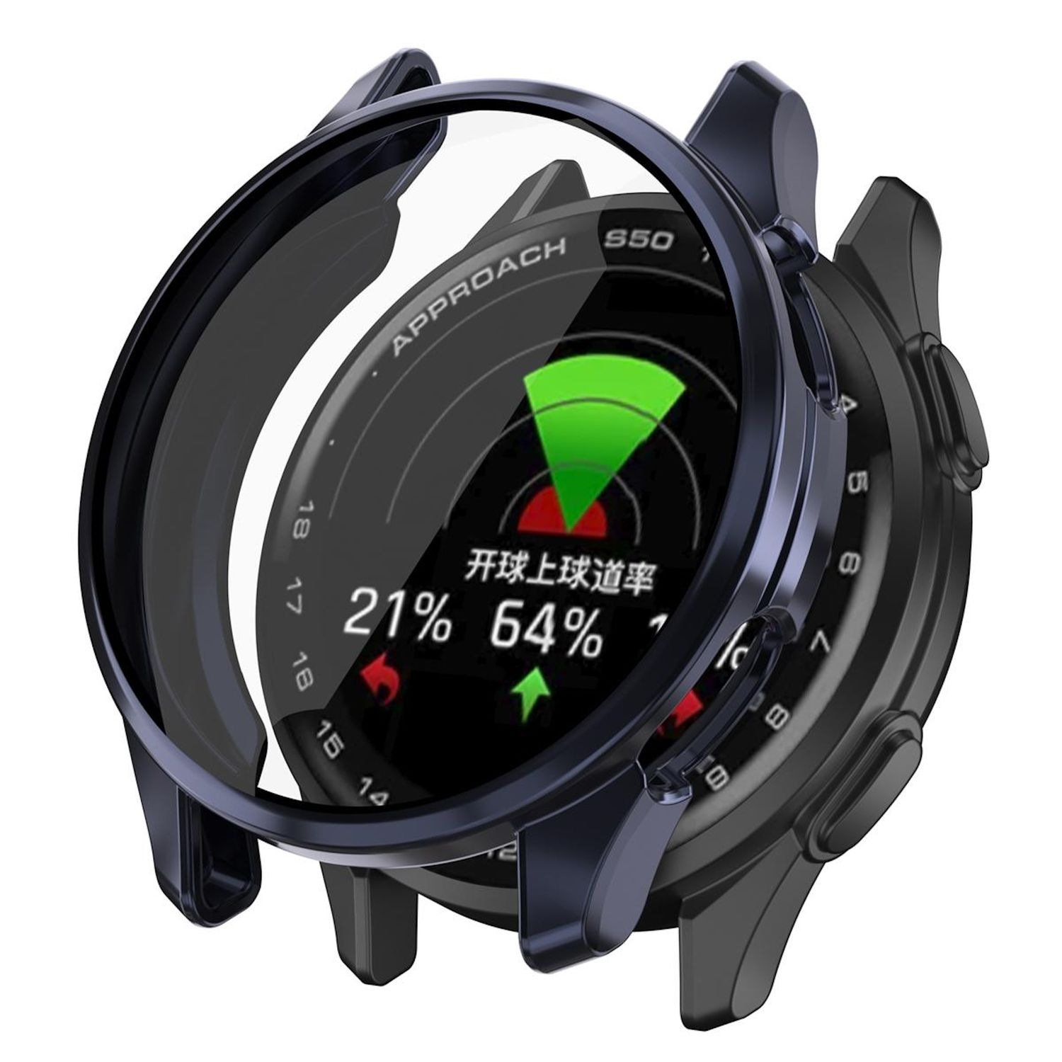 Smartwatch che mostra dati di golf, circondato da una lunetta blu. Lo schermo mostra.
