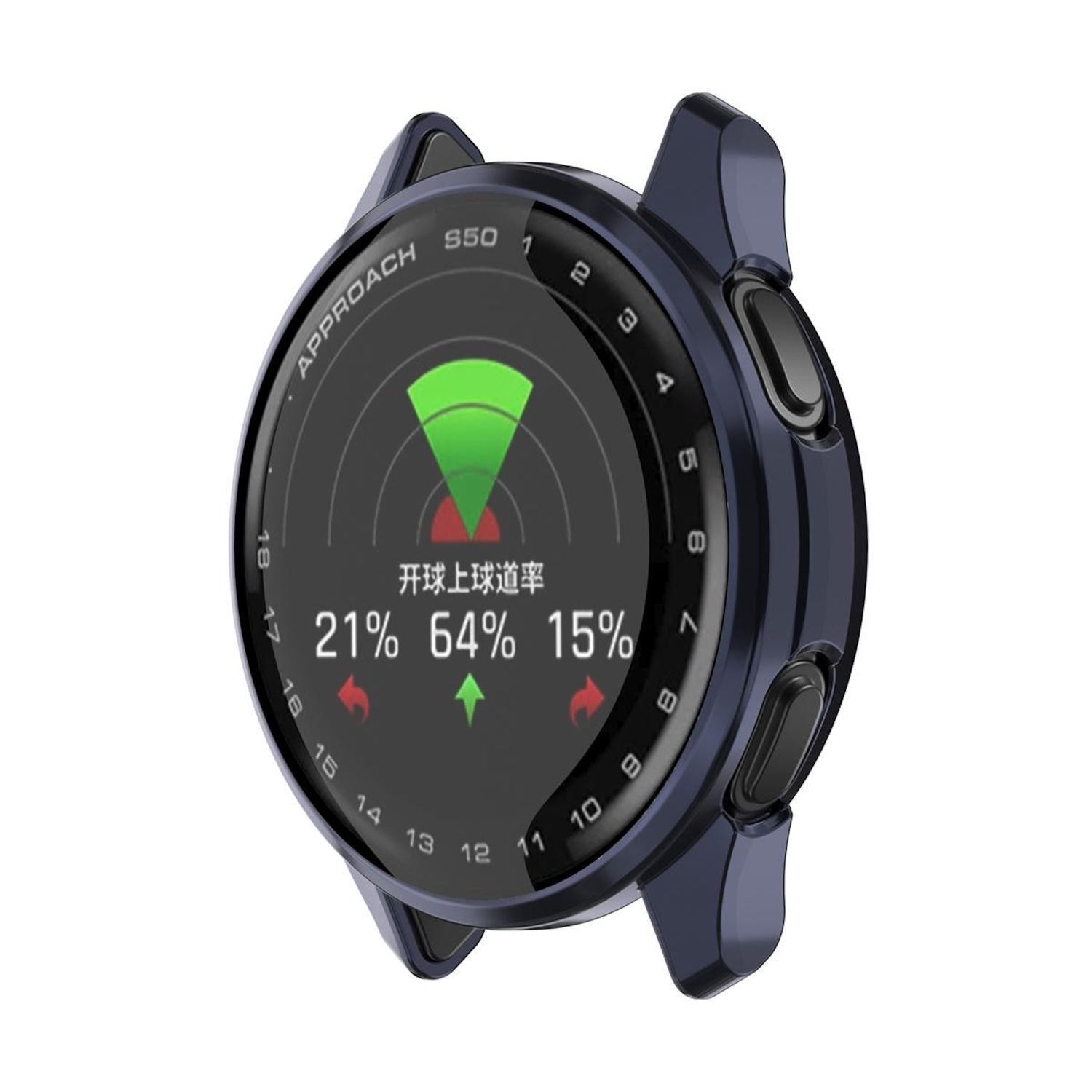 Smartwatch che mostra dati di golf, con lunetta blu attorno a un display nero.