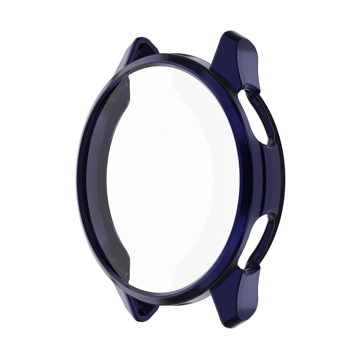 Una custodia blu per smartwatch. La custodia è trasparente. Lo sfondo è bianco.