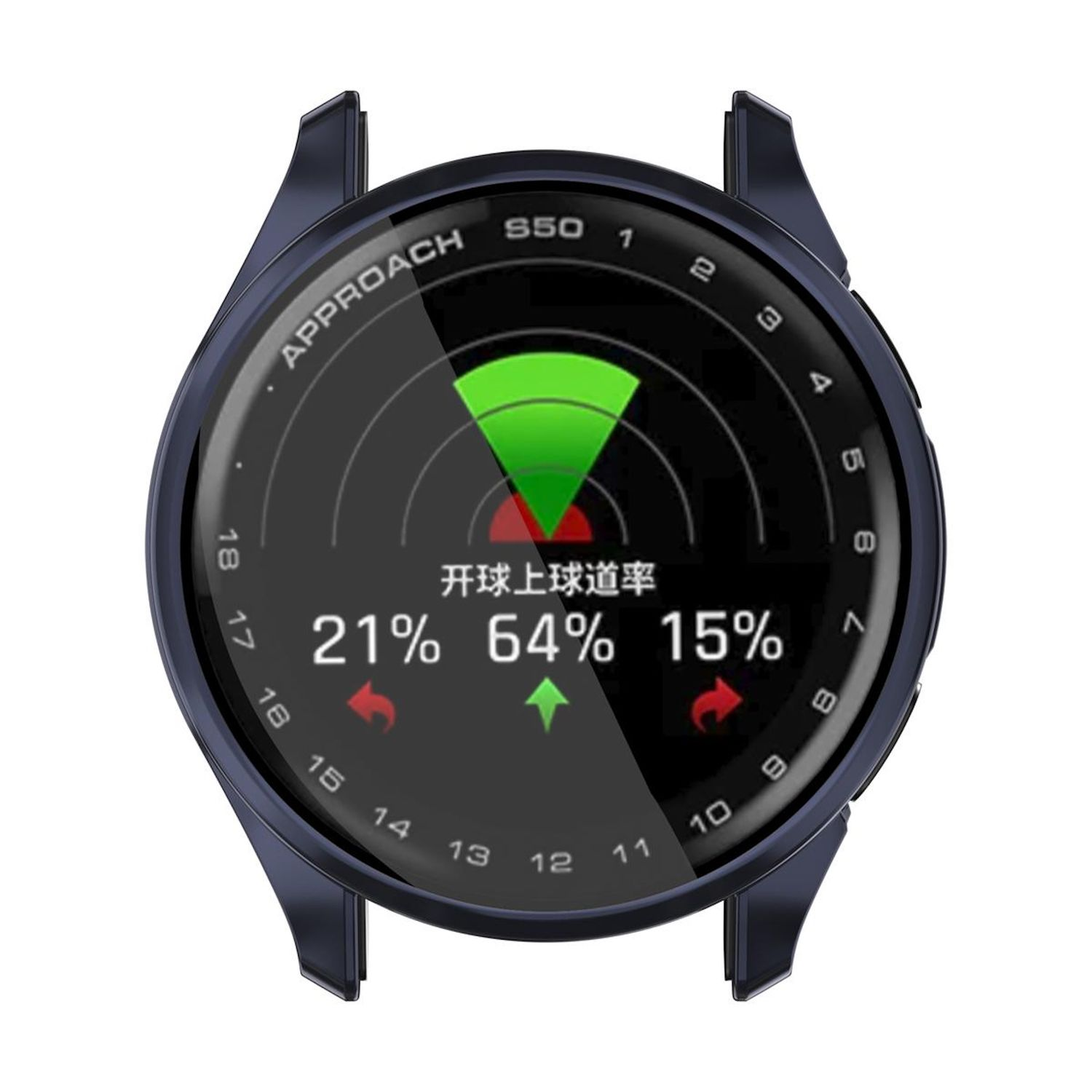 Smartwatch che mostra dati di golf, con una lunetta blu attorno allo schermo.