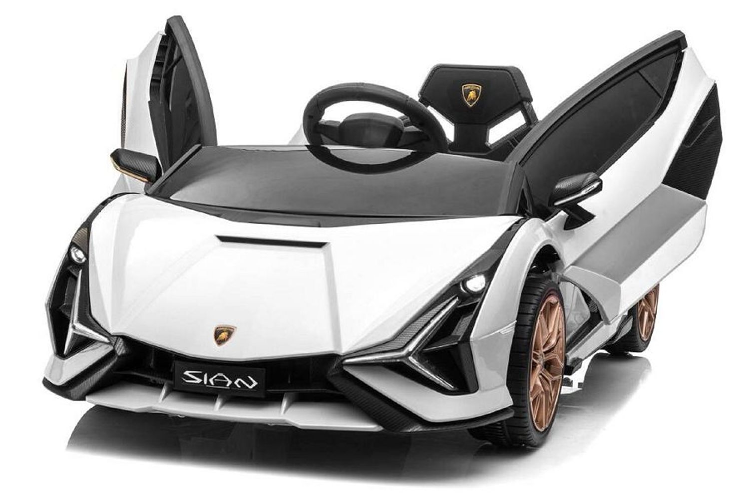 Weißes Spielzeugauto mit offenen Türen, weißer Karosserie und braunen Rädern. Lamborghini Sián.
